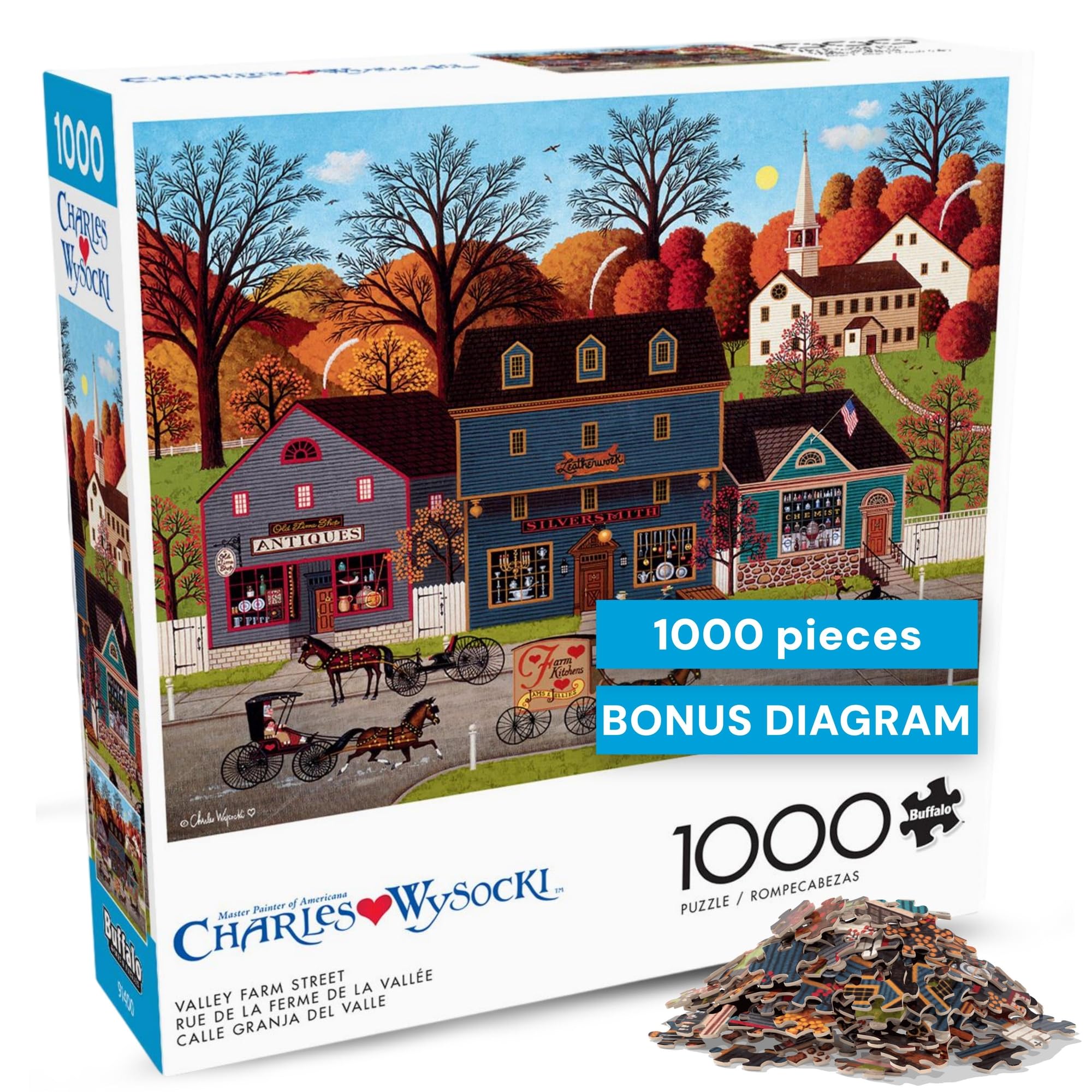Charles Wysocki Valley Farm Street 1000 Piece Jigsaw Puzzle for Adults, Classic Americana Artwork with Full-Color Poster