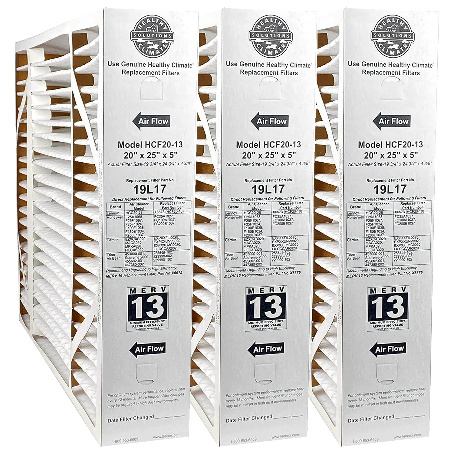 Lennox 19L17-20" x 25" x 5" Healthy Climate HCF20-13 Air Filter, MERV 13 Multi-Pack (PACK OF 3 FILTERS)