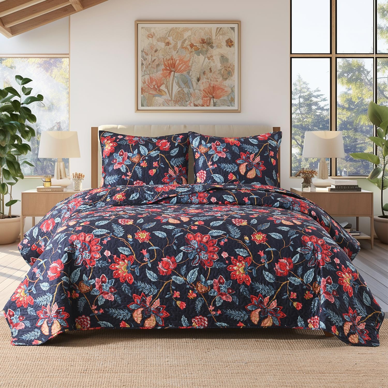 HORIMOTE HOME Jacobean Floral Quilt Set King Size, Quilted
