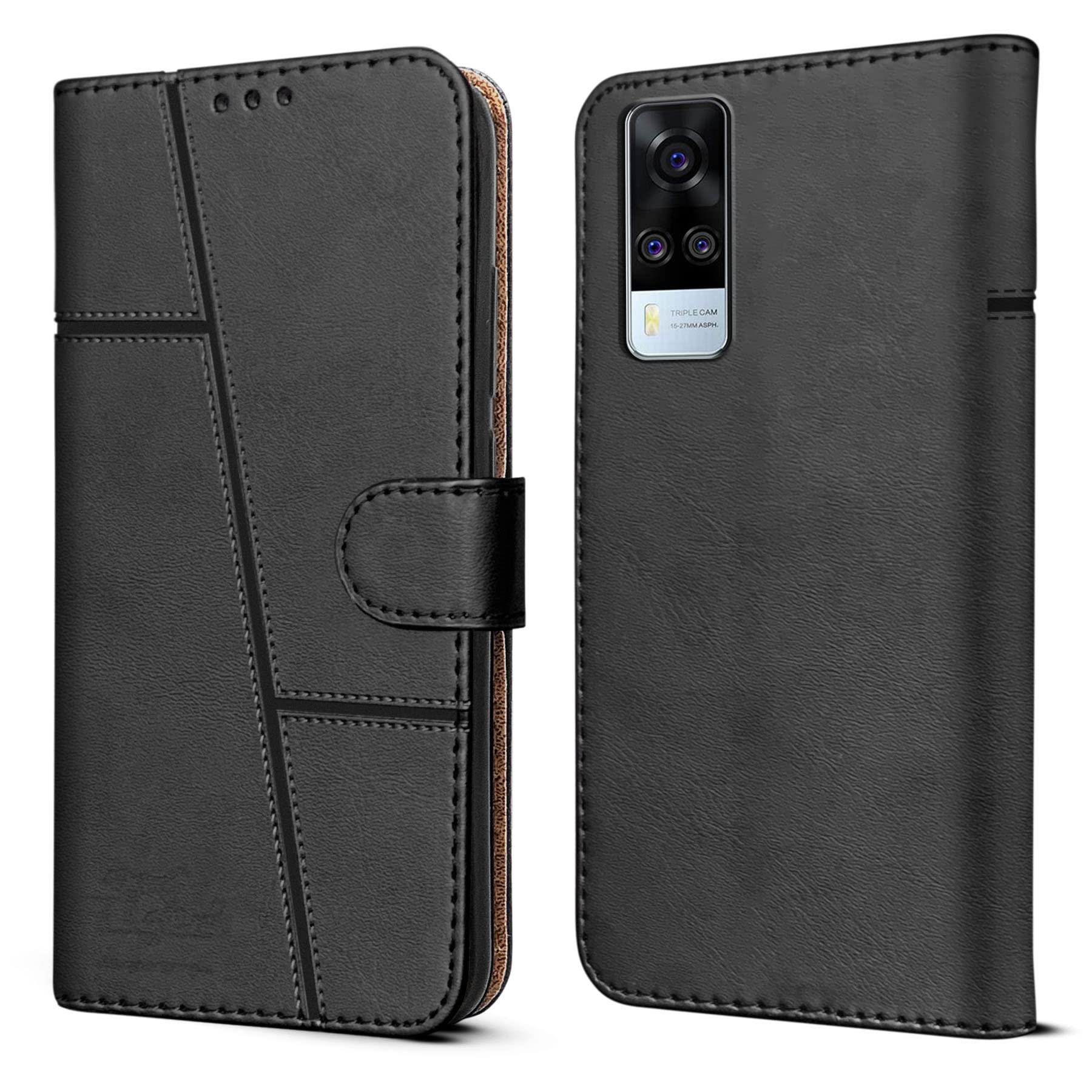 Jkobi Flip Cover Case for Vivo Y53s 4G (Stitched Leather Finish | Magnetic Closure | Inner TPU | Foldable Stand | Wallet Card Slots | Black)