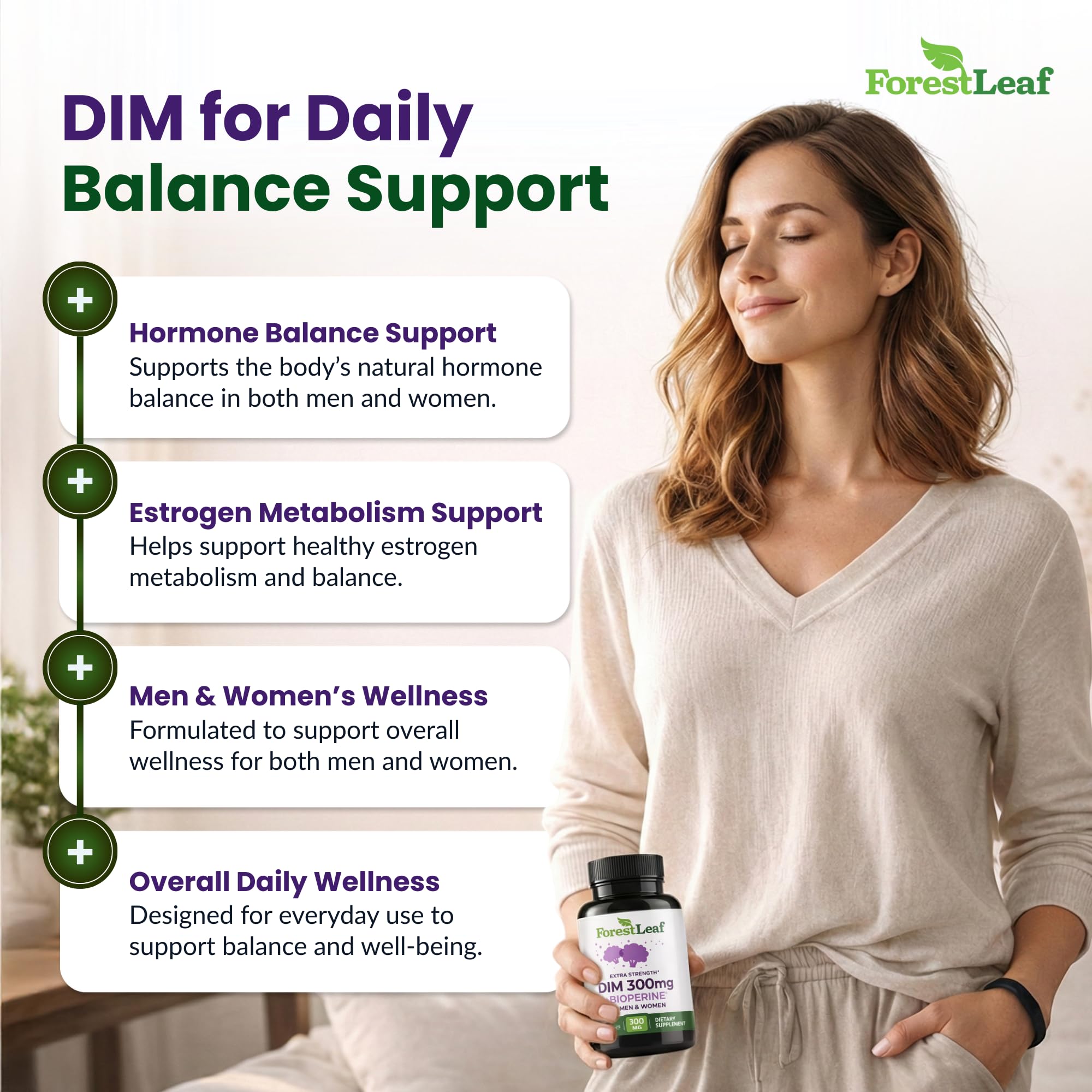 ForestLeaf DIM Supplement - 300mg DIM Estrogen Supplement for Women/Men - Diindolylmethane with BioPerine Black Pepper - Support for Detox, Metabolism, Hormone Balance & Menopause - 90 Caps — Amazon image 3