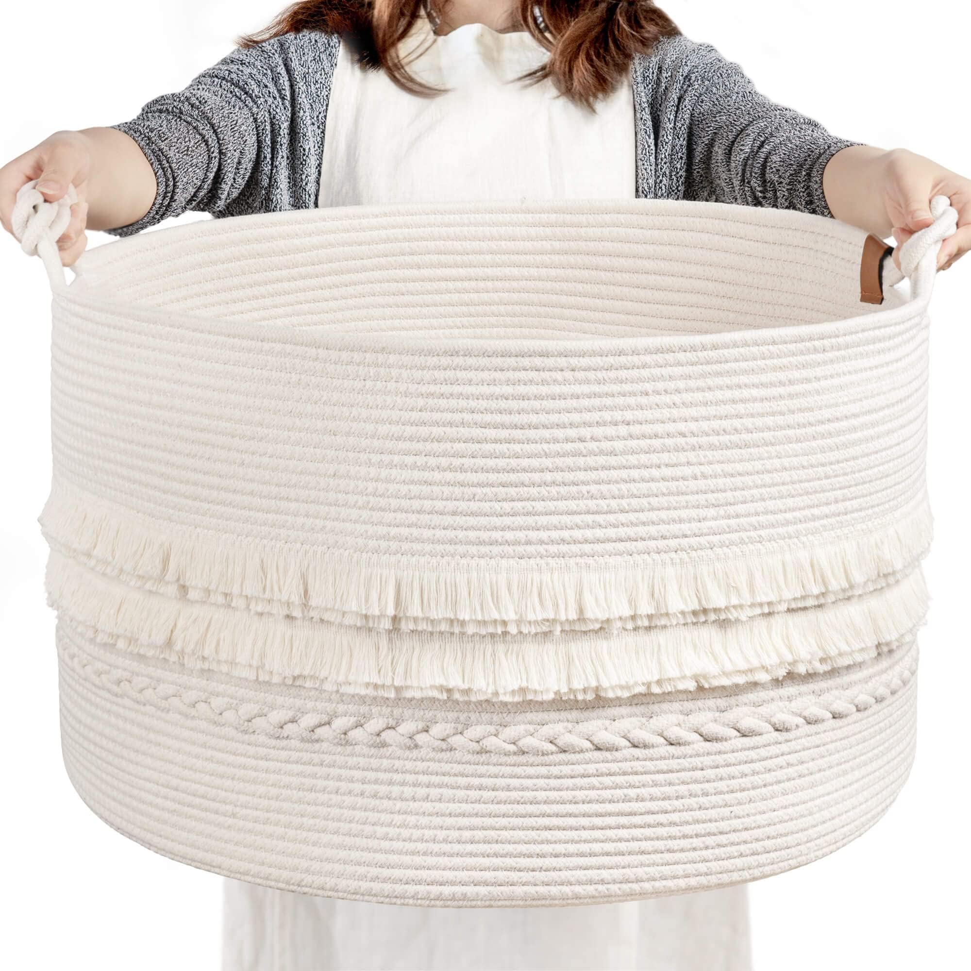 CherryNowLarge White Woven Storage Basket, Boho Decorative Basket for Home Decor, Towel Bathroom, Bedroom, Living Room, Baby Nursery Clothes, Toys, Blankets, 22 x 14 inches
