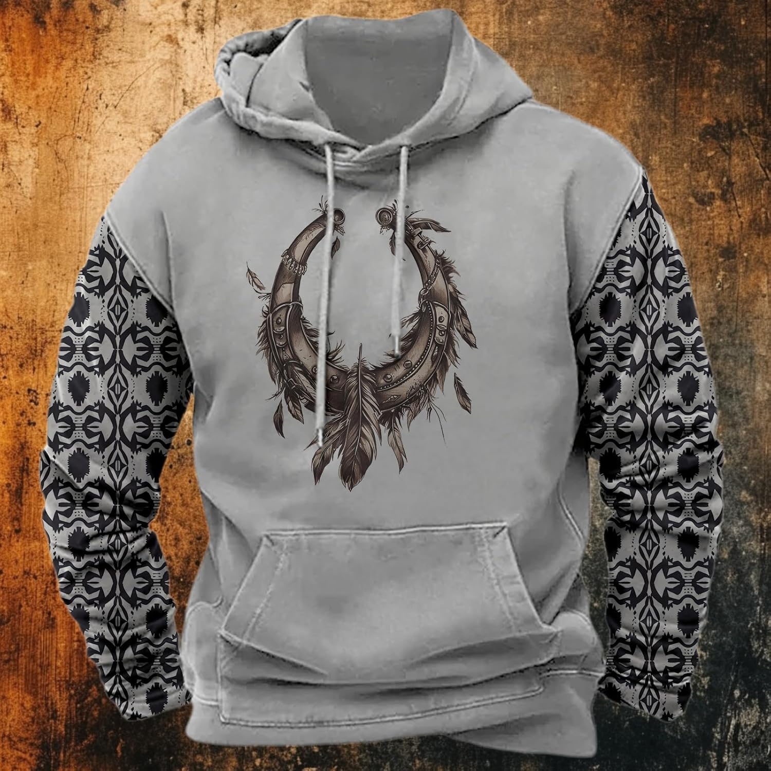 MARSVOVO Western Hoodies Men Aztec Tribal Hippie Graphic Fall Pullover Oversized Baggy Cowboy Jogger Aztec Sweatshirts - Image 2