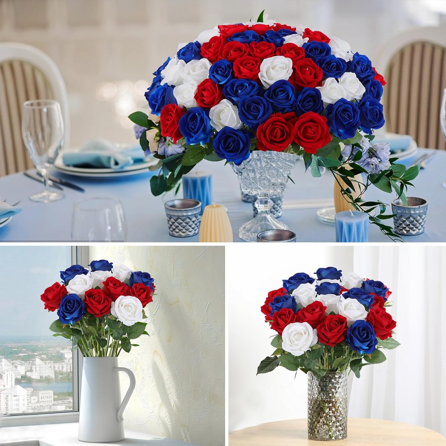 Hananona Artificial Roses in Bulk, Fake Velvet Silk Roses Realistic Roses for 4th July Wedding Centerpieces Independence Day Flower Arrangement Home Decor (50, Red, White, Blue)