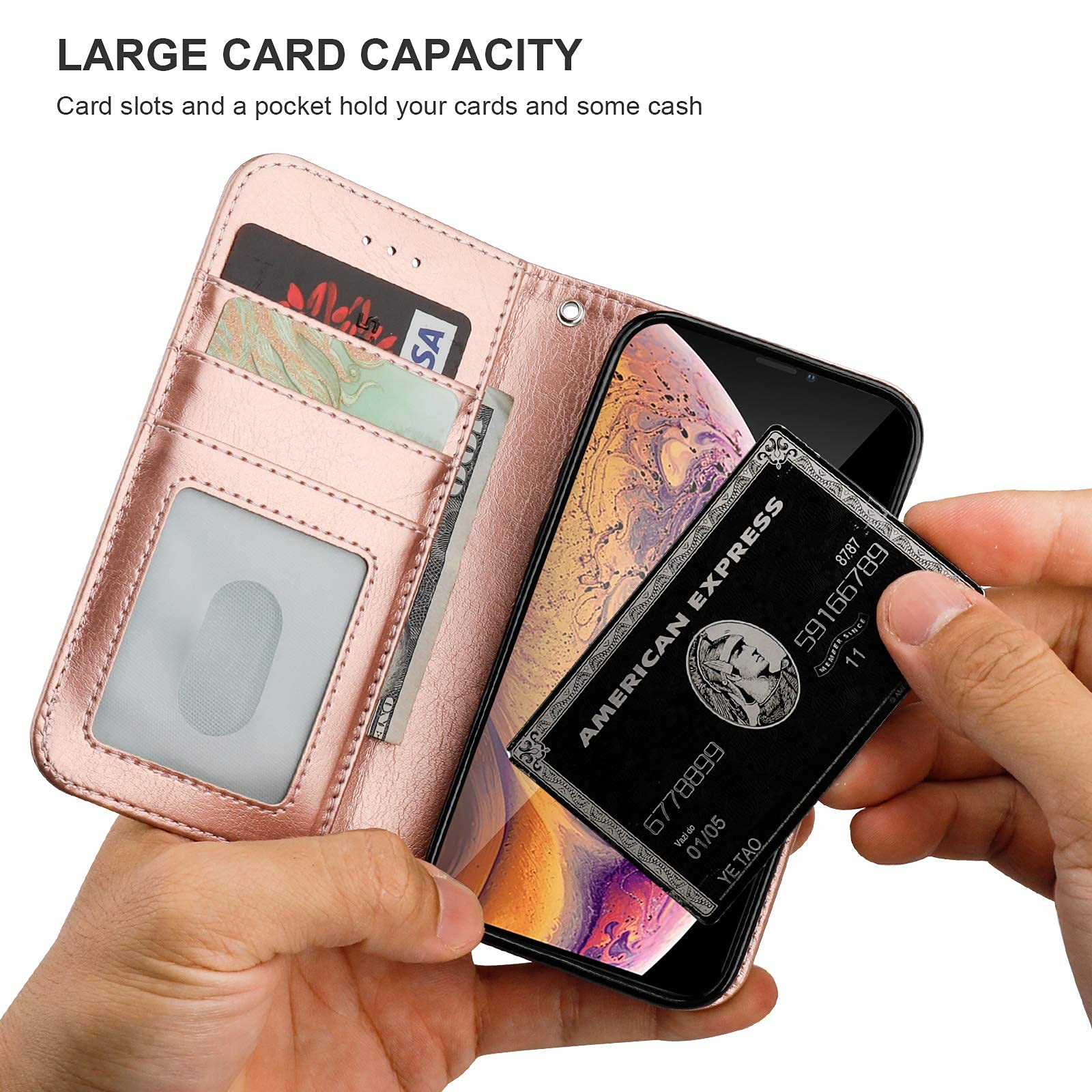 Bocasal for iPhone Xs/X Wallet Case with Card Holder PU Leather Kickstand Shockproof Protective Wrist Strap Flip Cover for iPhone Xs/X 5.8 inch (Rose Gold)