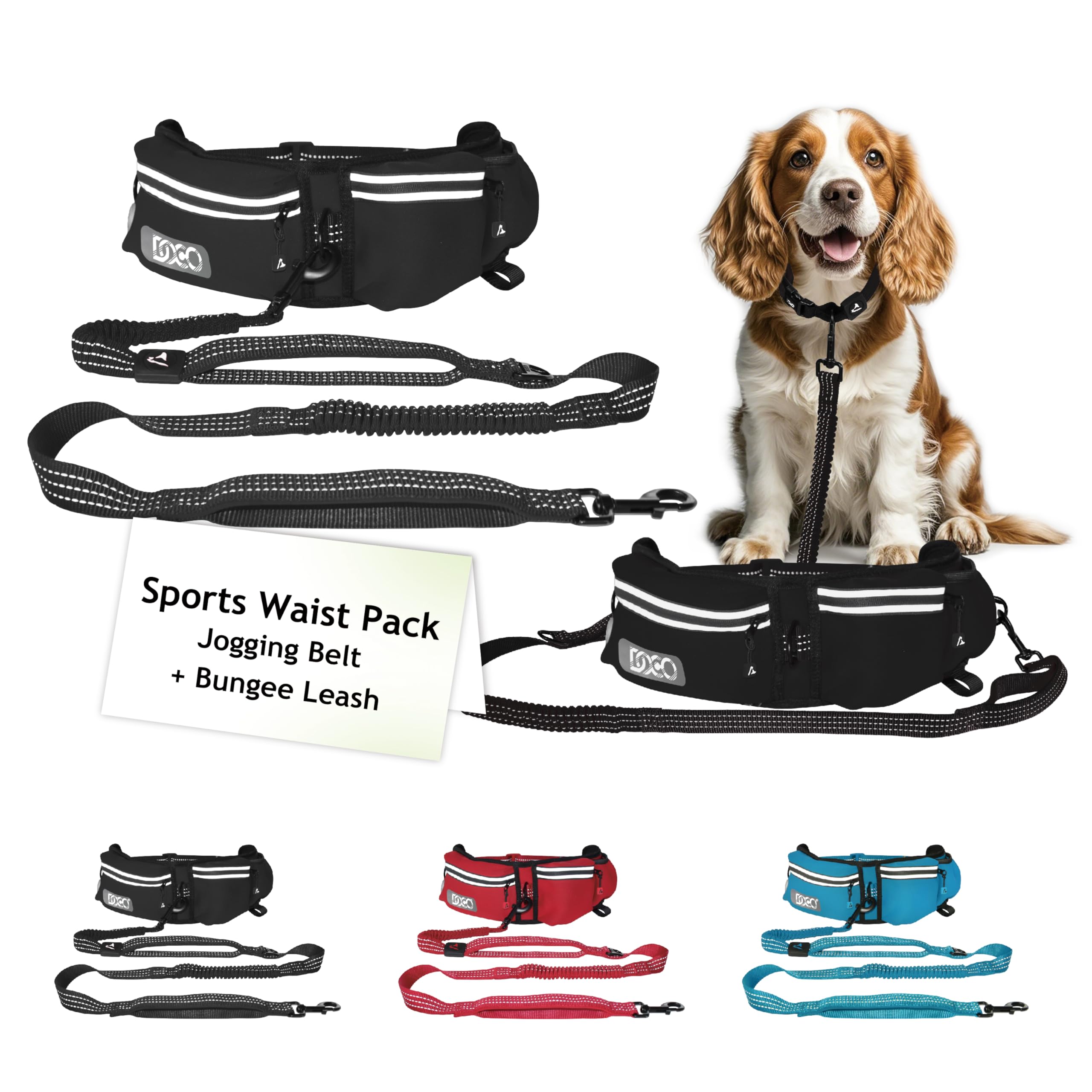 DOCO Hands Free Dog Leash (Waist 26”- 48”, Leash- 1”x 5ft) Waist Belt for Walking, Running, Training & Hiking, Bungee with Dual Handles, Adjustable Fit, Reflective Safety Design for Large Dogs (Black)