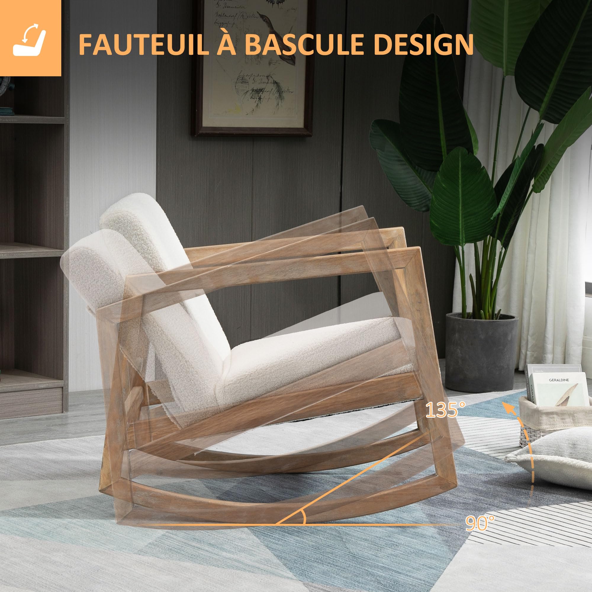 HOMCOM Fauteuil à Bascule Fauteuil Allaitement Rocking Chair en Tissu Effet Laine bouclée avec Pieds en Bois Massif d'hévéa, Chaise à Bascule pour Chambre, Salon - 60 x 81 x 71 cm Blanc crème