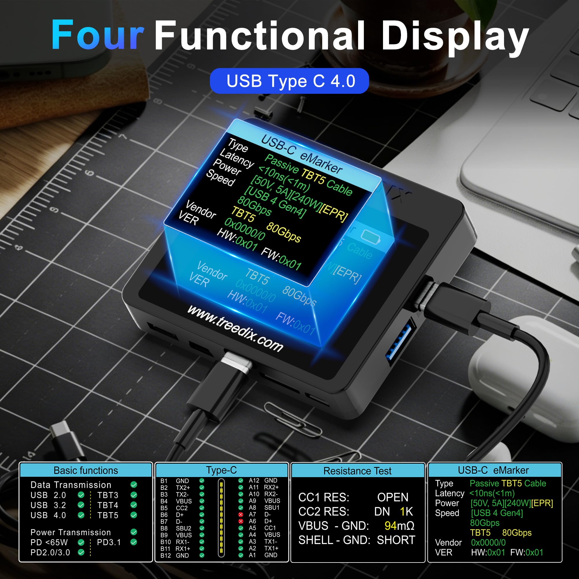 Treedix Kabeltester, USB-Kabeltester, 6,1 cm Farbdisplay, USB-C-Widerstandstest, elektronischer Typ-C-Marker für Micro-B 2.0, Micro-B 3.0, Typ-C