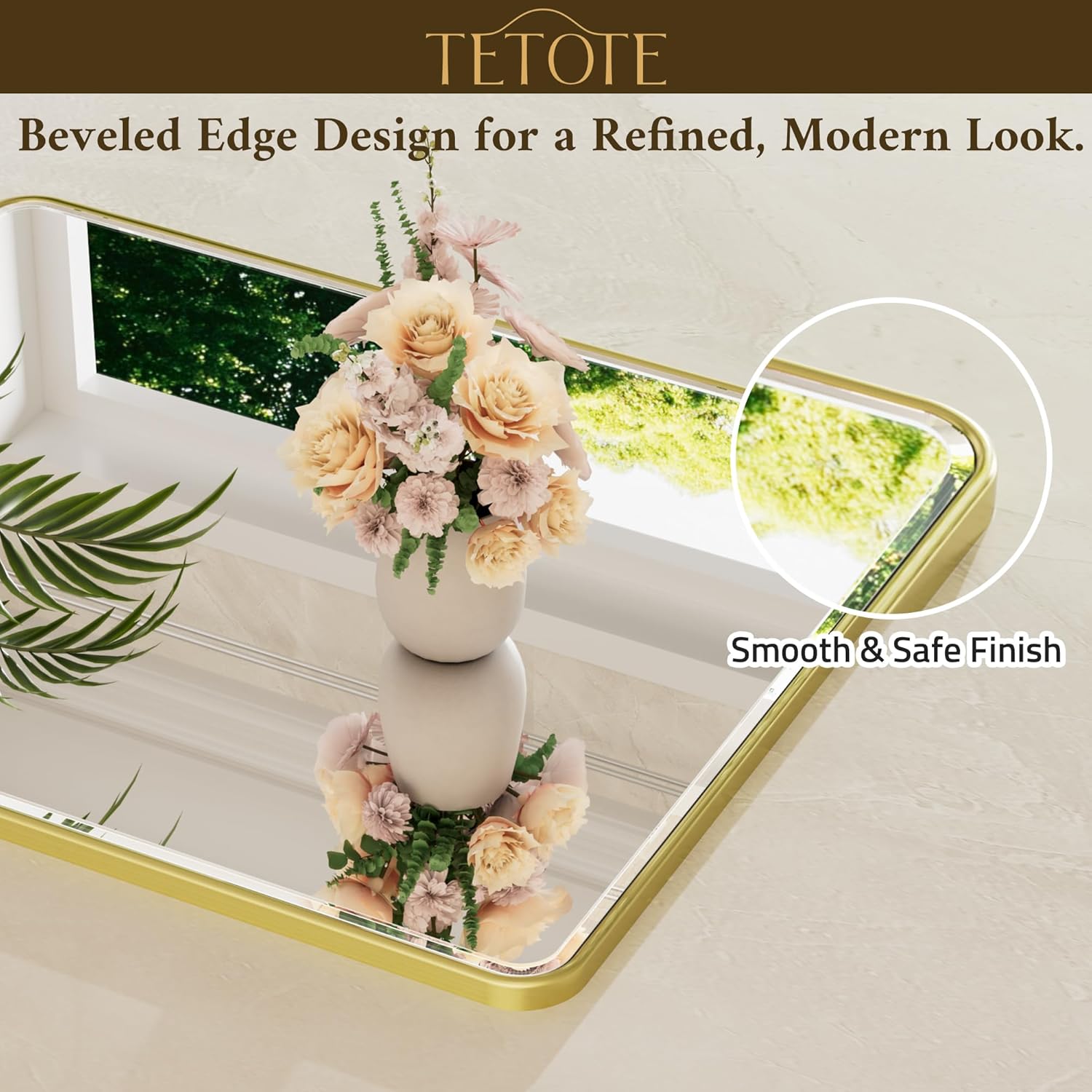 TETOTE Brushed Gold Framed Vanity Mirror 24 x 32 Beveled Edge Tempered Glass, Rounded Corner Rectangle Bathroom Mirror for Over Sink for Modern Bathroom, Living Room, Bedroom, Entryway