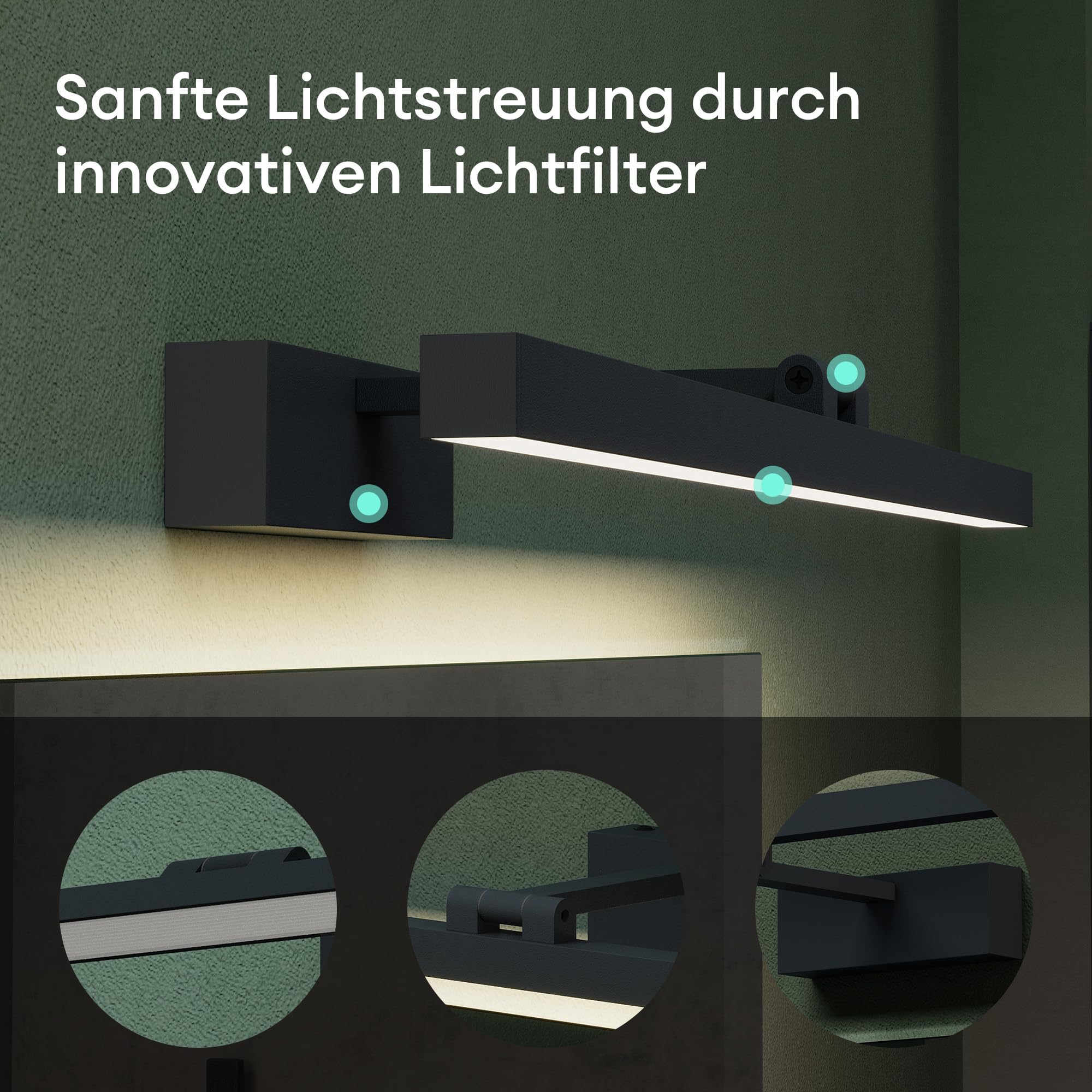Mai & Mai Spiegelleuchte 40cm LED Badlampe | Spiegellampe, 4000K Badezimmer Lampe | 180° Drehbar Sandschwarz 9W Strahlenschön