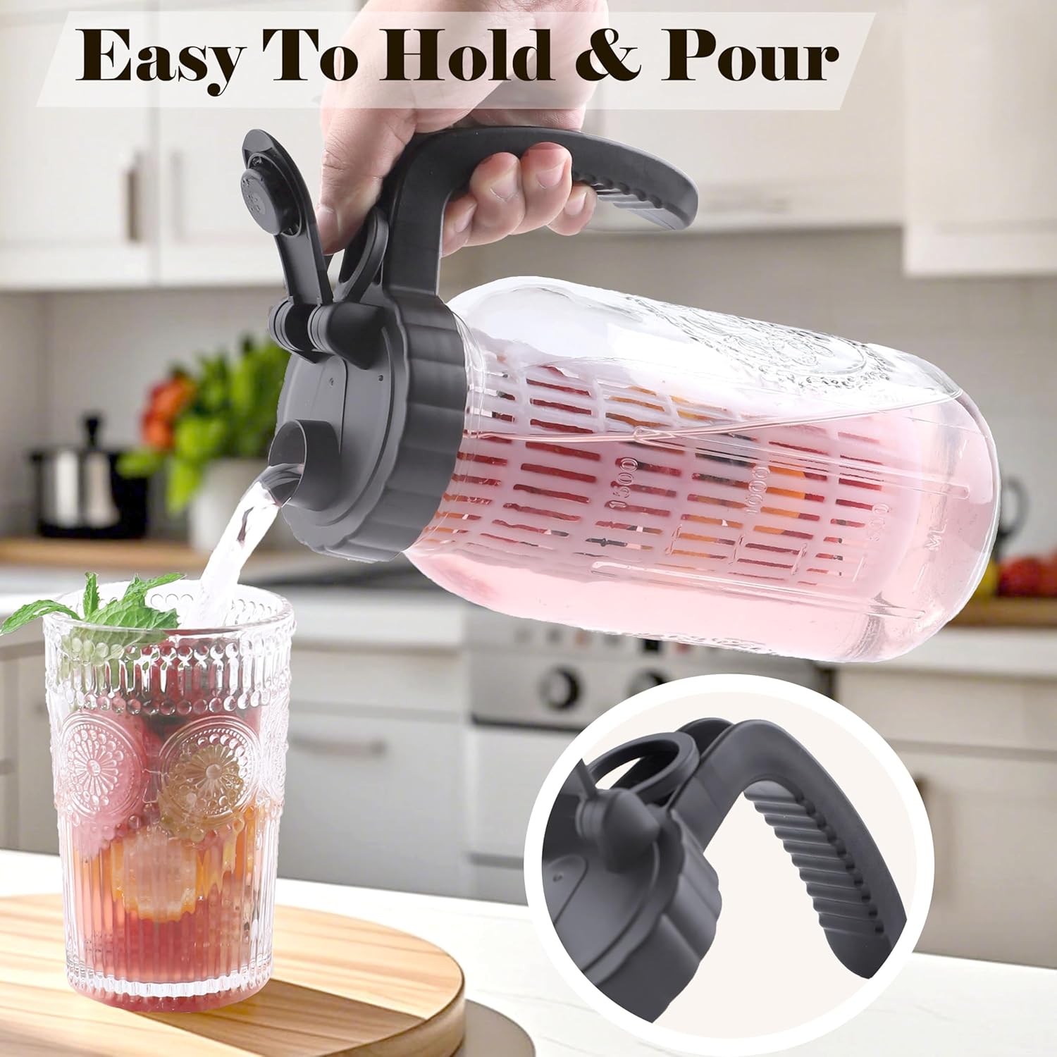 64 Oz Glass Mason Jar Water Pitcher with Infuser 2 Set Half Gallon Water Jug Carafe 2 Quart Pitcher For Cold Hot Tea Coffee Lemonade Homemade Drinks Breast Milk Juice Container For Refrigerator - Image 3