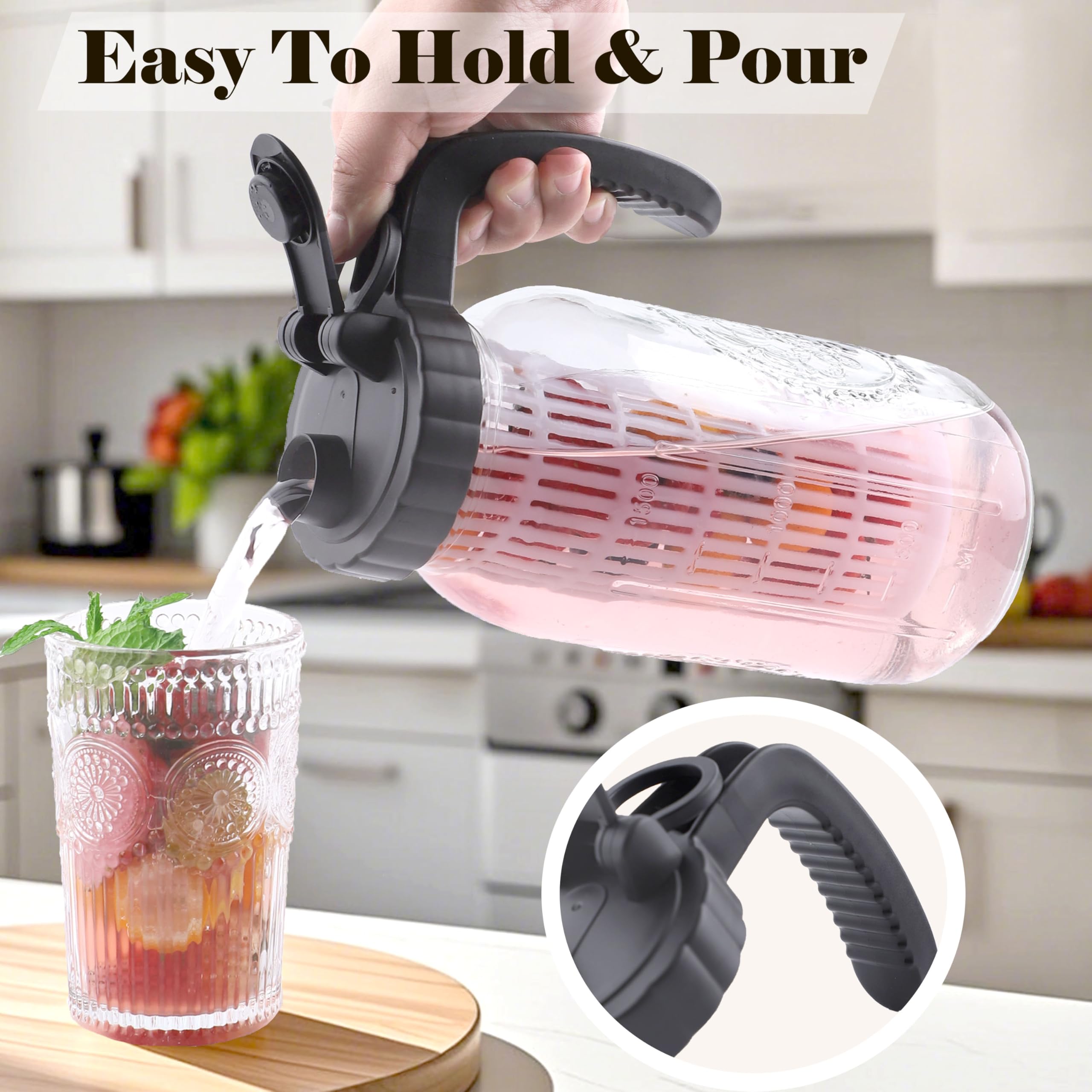 Jarra de agua de vidrio de 64 onzas con infusor, juego de 2 jarras de agua de medio galón, jarra de 2 cuartos de galón para té frío caliente, café, limonada, bebidas caseras, recipiente de jugo de