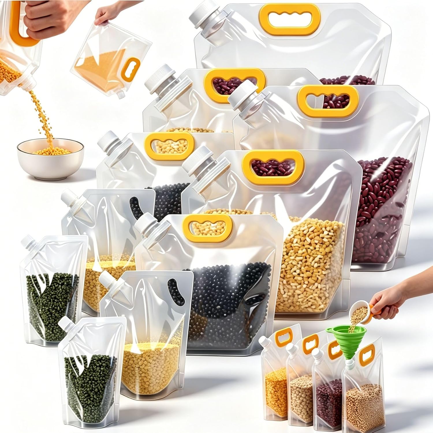 Reusable Airtight Storage Bags, Food-Grade Stand-Up Bulk Seal Grain Bag, Transparent Leak-Proof Moisture-Proof Cereal Containers with Handle, Funnel and Screw Cap for Flour, Rice, Cereal (10PCS-Mixed)