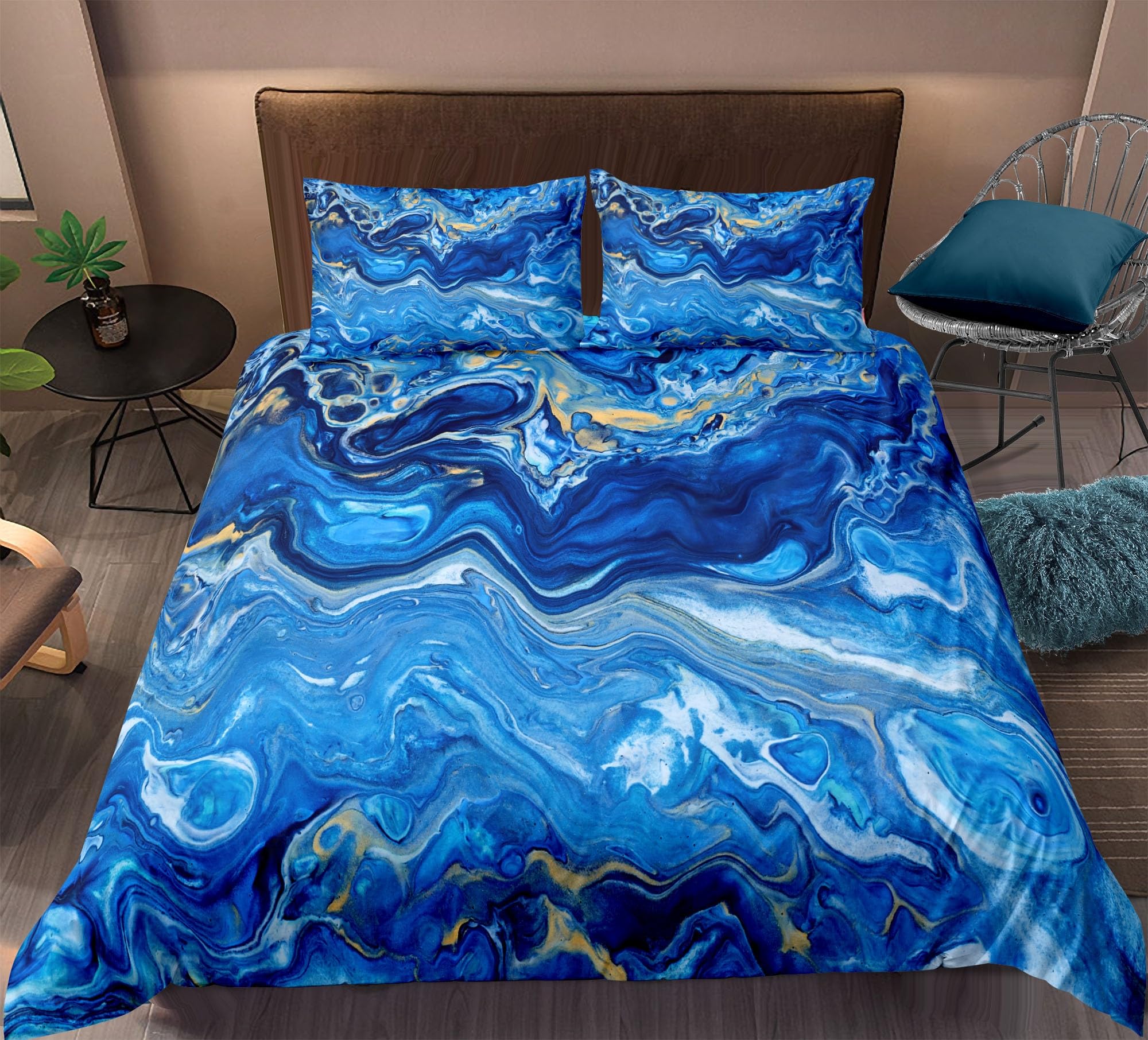 Housse de couette 200x200 marbre bleu en microfibre douce avec taies d'oreiller