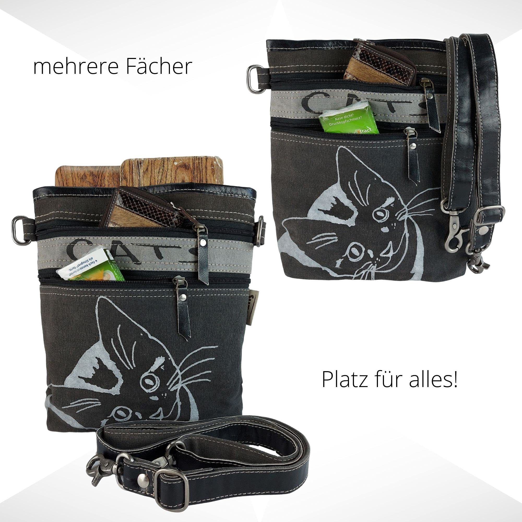 Sunsa Damen Tasche mit Katzenmotiv. Vintage Umhängetasche aus Canvas & Leder. Schultertasche für Katzenliebhaber. Crossover bag als Geschenkideen für Frauen