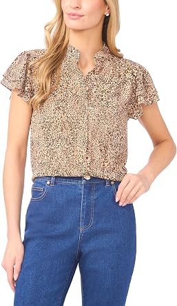 CeCe Womens Leopard Print Double Flutter Sleeves Open Collar Hidden Placket Top