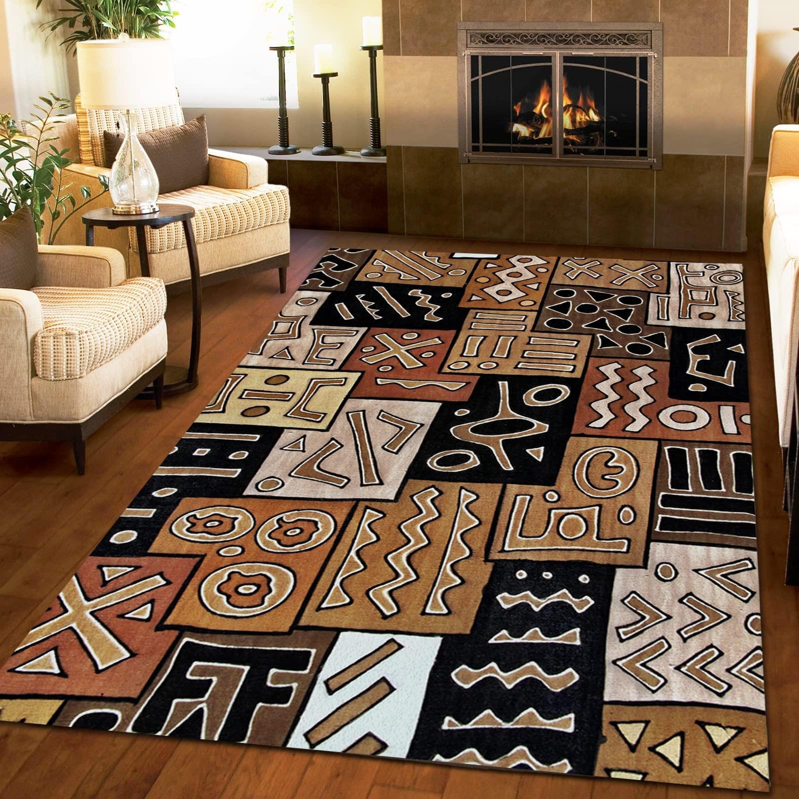 Tapis Salon à Poil Court Tapis Style Ethnique Rétro Africain, Tapis Art Géométrique Abstrait Déco Tapis Chambre Doux Antidérapant Lavable Tapis pour Salle à Manger, Ferme, Cuisine 200x300cm