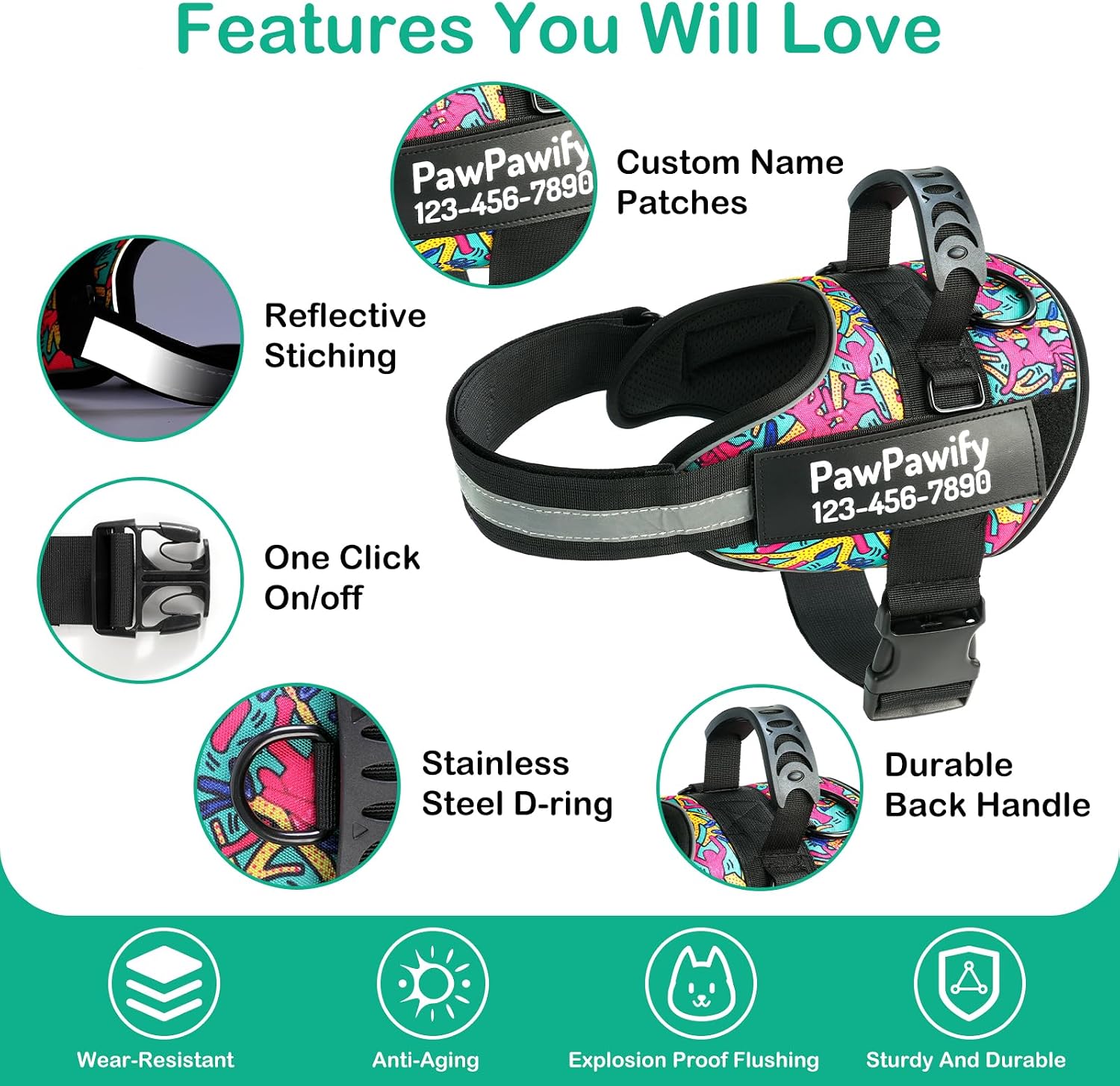 Personalized Essential Dog Harness,Custom No-Pull Pet Vest with Name & Phone Number, No Choke, Reflective, Adjustable and Padded, Easy Walking and Training for Dogs (Color Doodle,L Chest 23-30 in)