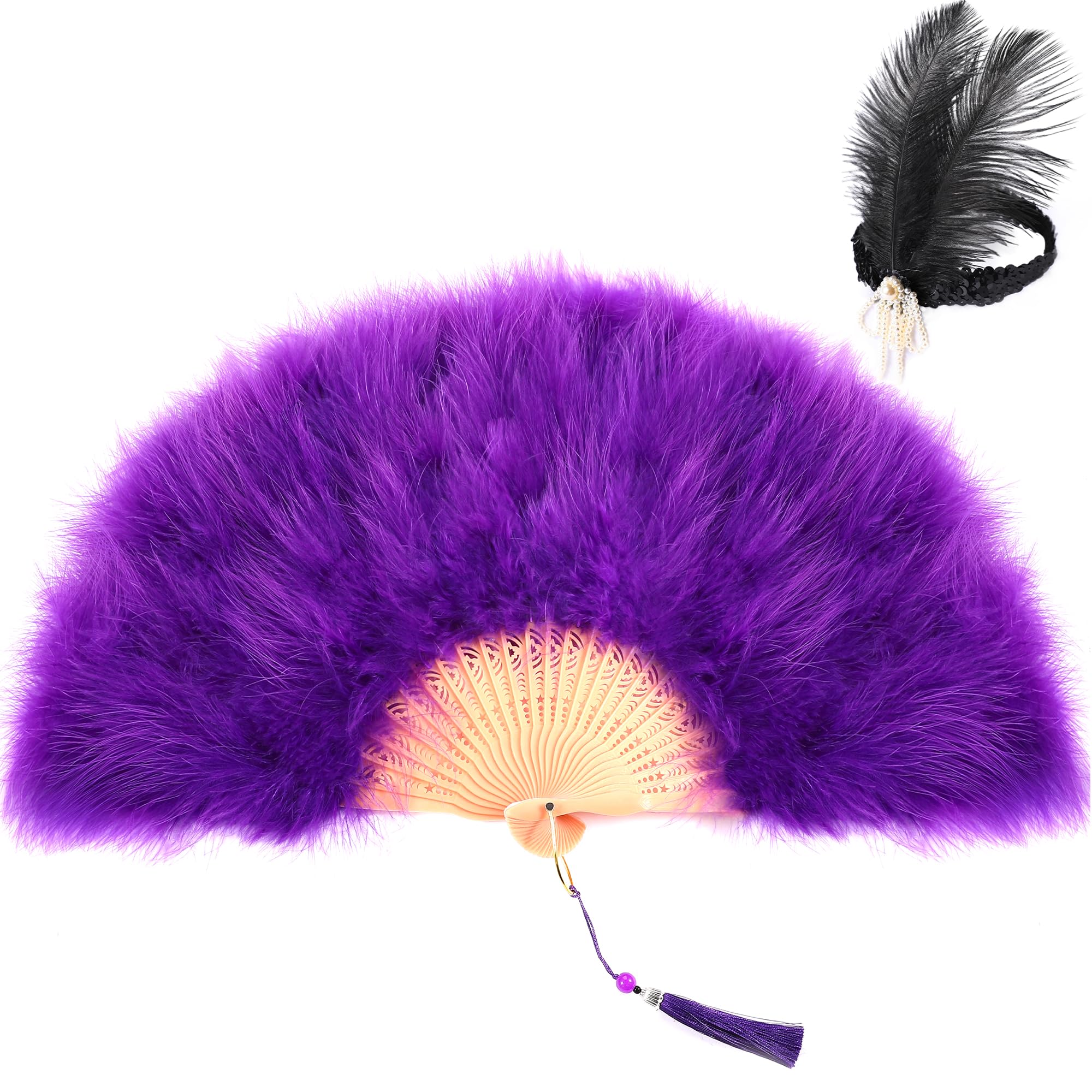 SOGUGOM Purple Marabou Feather Fan with Headband - Renaissance Rave Hand Fan, Foldable for Mardi Gras Party, Clothing Accessories and Decorations