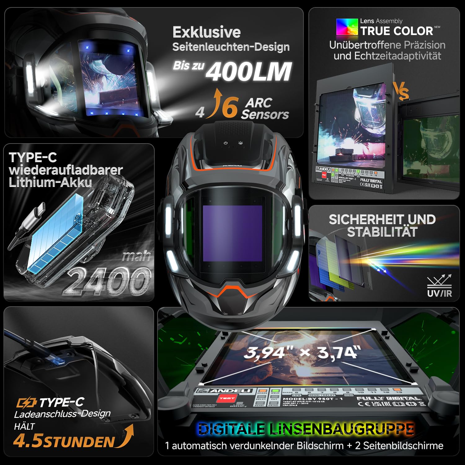 ANDELI Schweißhelm Automatik mit 4-Punkt LED & True Color – 180° Panorama 9,5x9,1cm + Seitenfenster, 6 Sensoren, 1/30000s, 2400mAh Akku USB-C, Schattierung 4/5-9/9-13, für MIG/MAG/Wig/MMA
