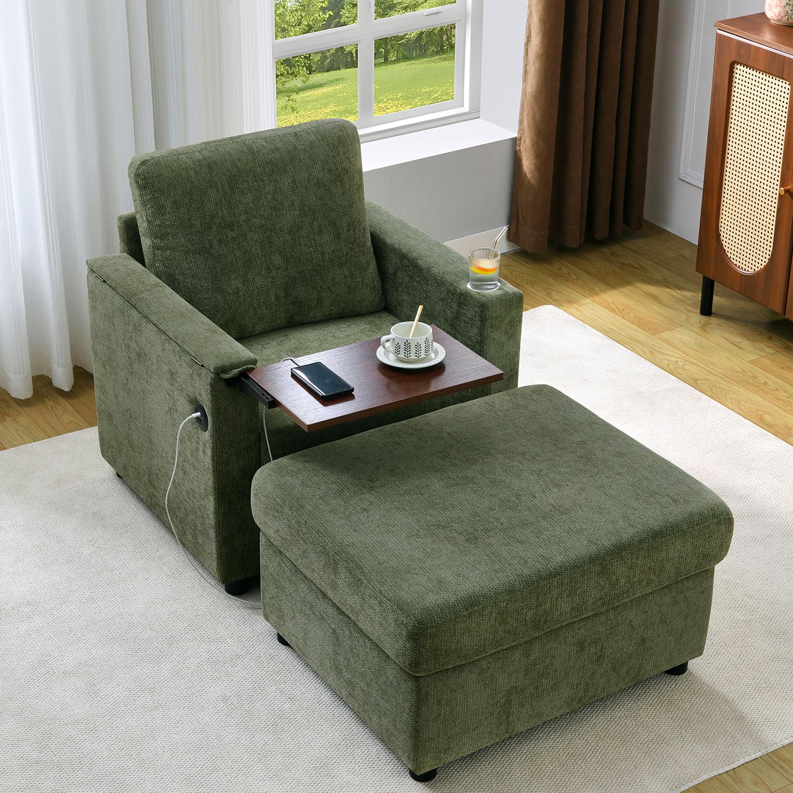 - Modern Accent Chairs with Storage Ottoman Set, Chenille Reading Armchair with Tray Table and Charging Ports, Comfy Chaise Lounge Chair for Living Room, Bedroom, Reading Nook, Olive Green