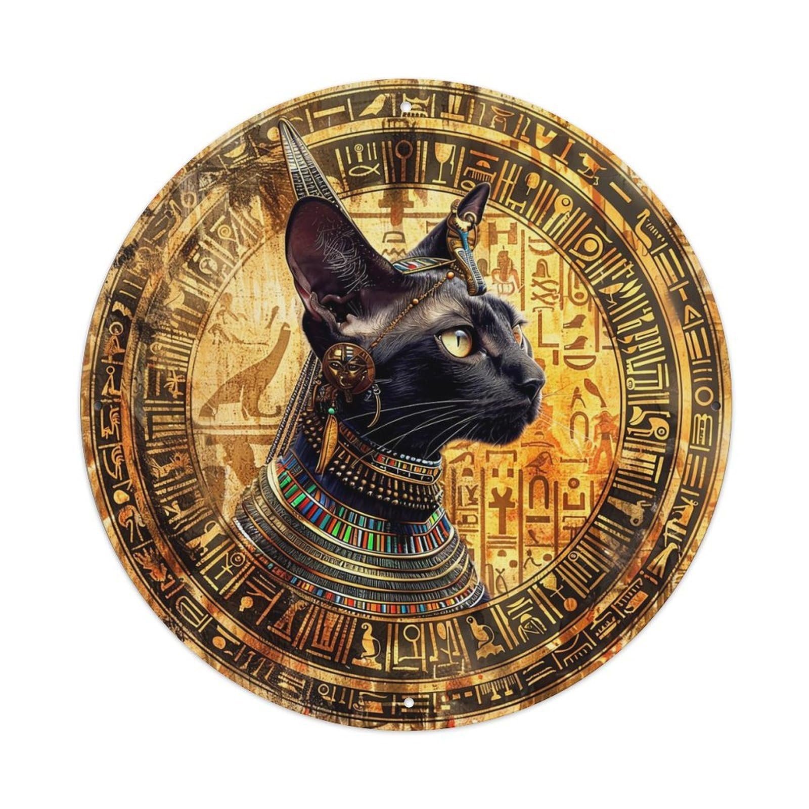 Egyptian Cat Hieroglyphic Gold Pattern Vintage Metal Tin Sign Retro Wall Decor for Home Bar Garage Cafe, Indoor & Outdoor Decorative，circle Metal Poster, 8x8 Inch