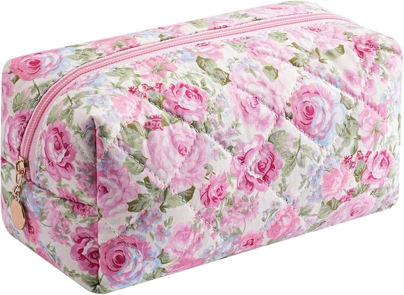 Necessaire de maquiagem floral WHHJM em algodão matelassado, Pink Rose
