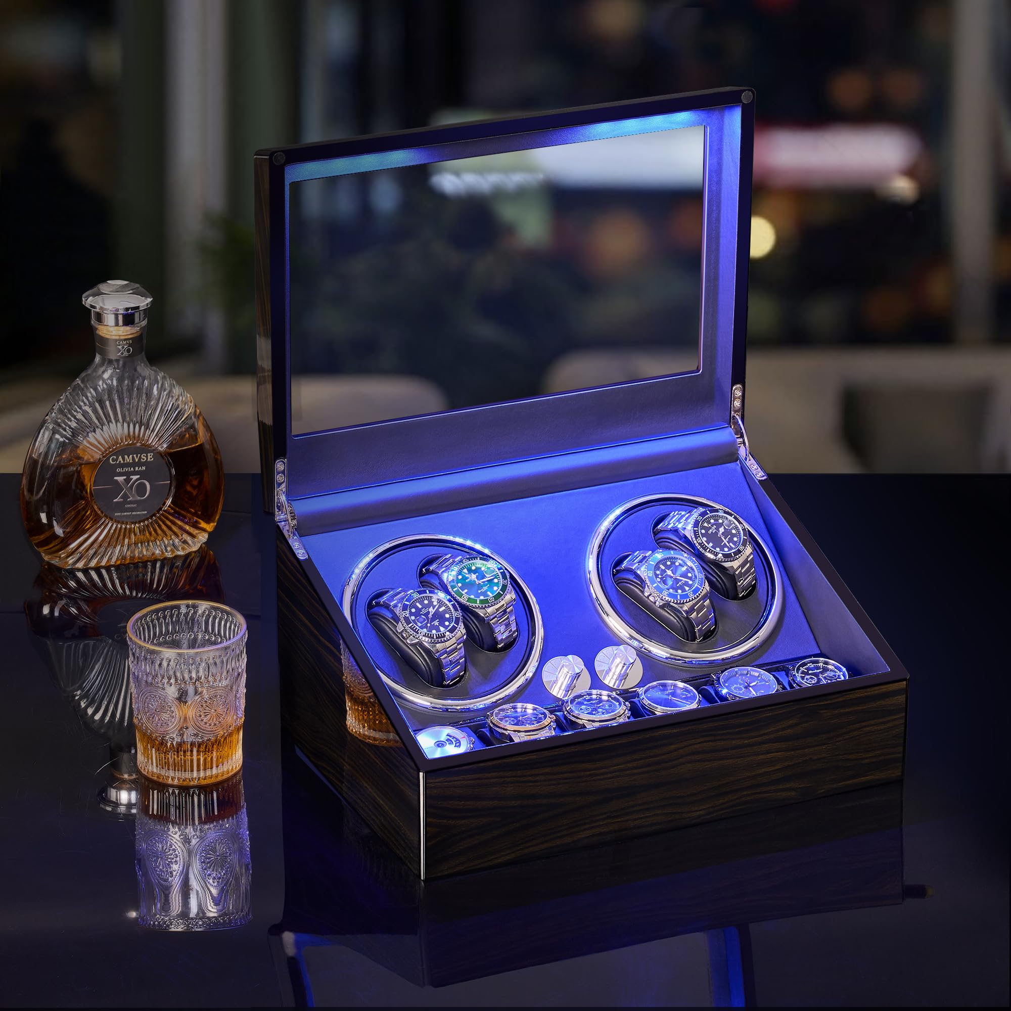 ANWBROAD Watch Winder for Automatic Watches 4 Watch Rotator and 6 Extra Storages with Super Quiet Mabuchi Motor LED Backlight Watch Turner Piano Paint Watch Shaker 4 Rotating Modes Gift USB UJWW002E