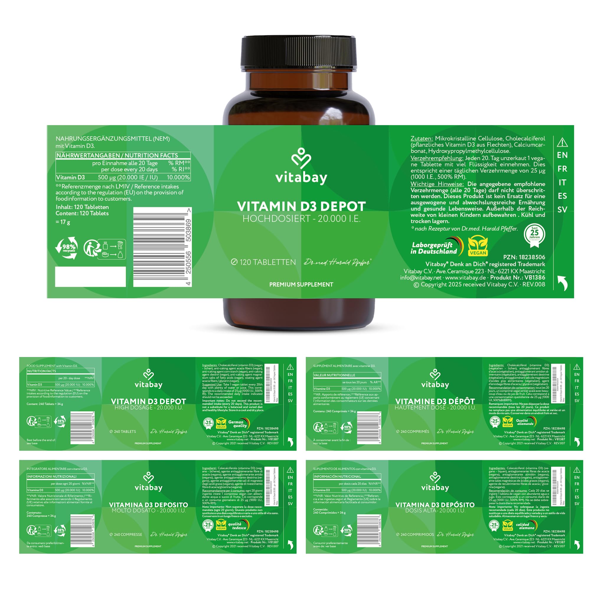 Vitabay Vitamin D3 Depot 20.000 I.E. – 720 vegane Tabletten – Hochdosiert | ohne unerwünschte Zusätze – Trägt zur Unterstützung des Immunsystems und zur Erhaltung normaler Knochen bei