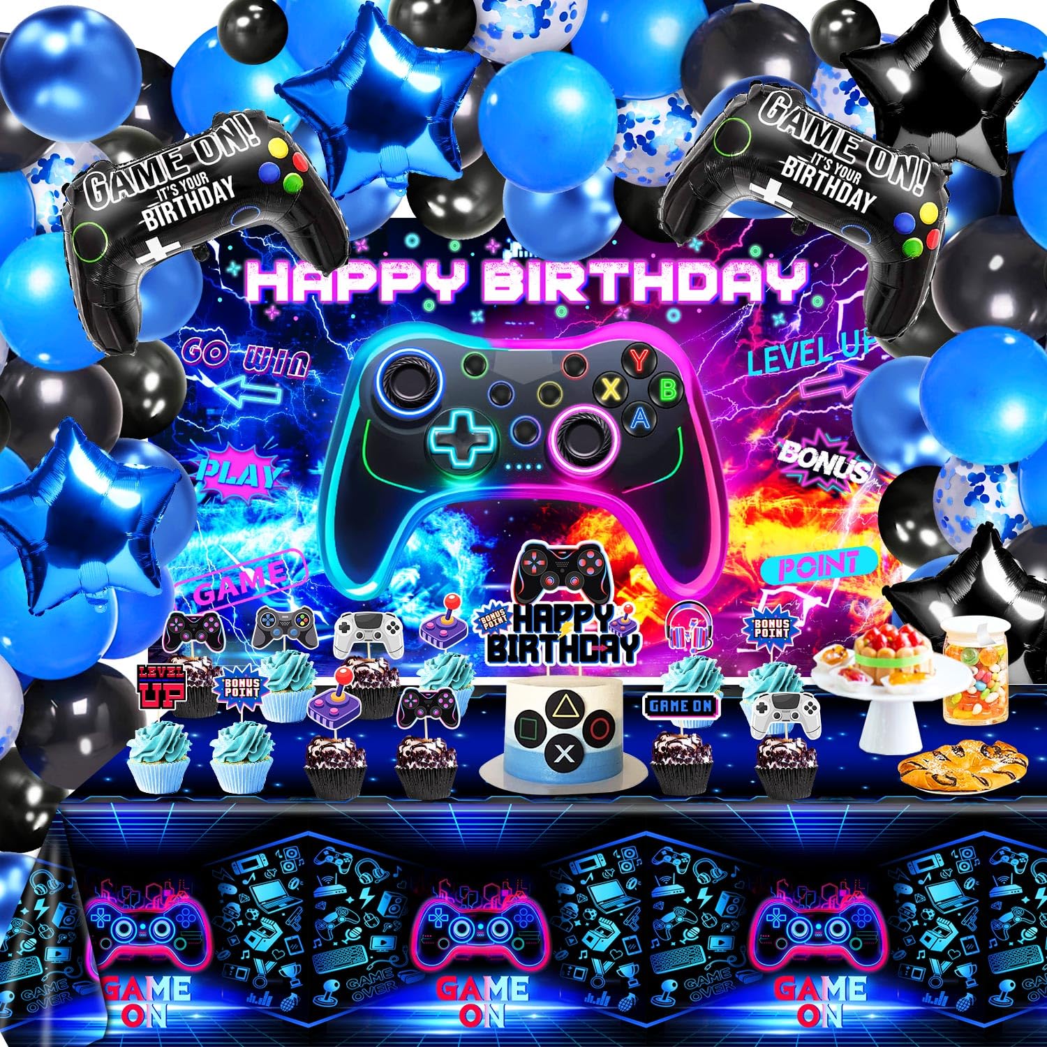 Video Game Birthday Decorations - Game Birthday Party Decorations Includes Backdrop, Foil Balloons, Tablecloth, Cake Toppers, Balloon Arch Kit for Boy