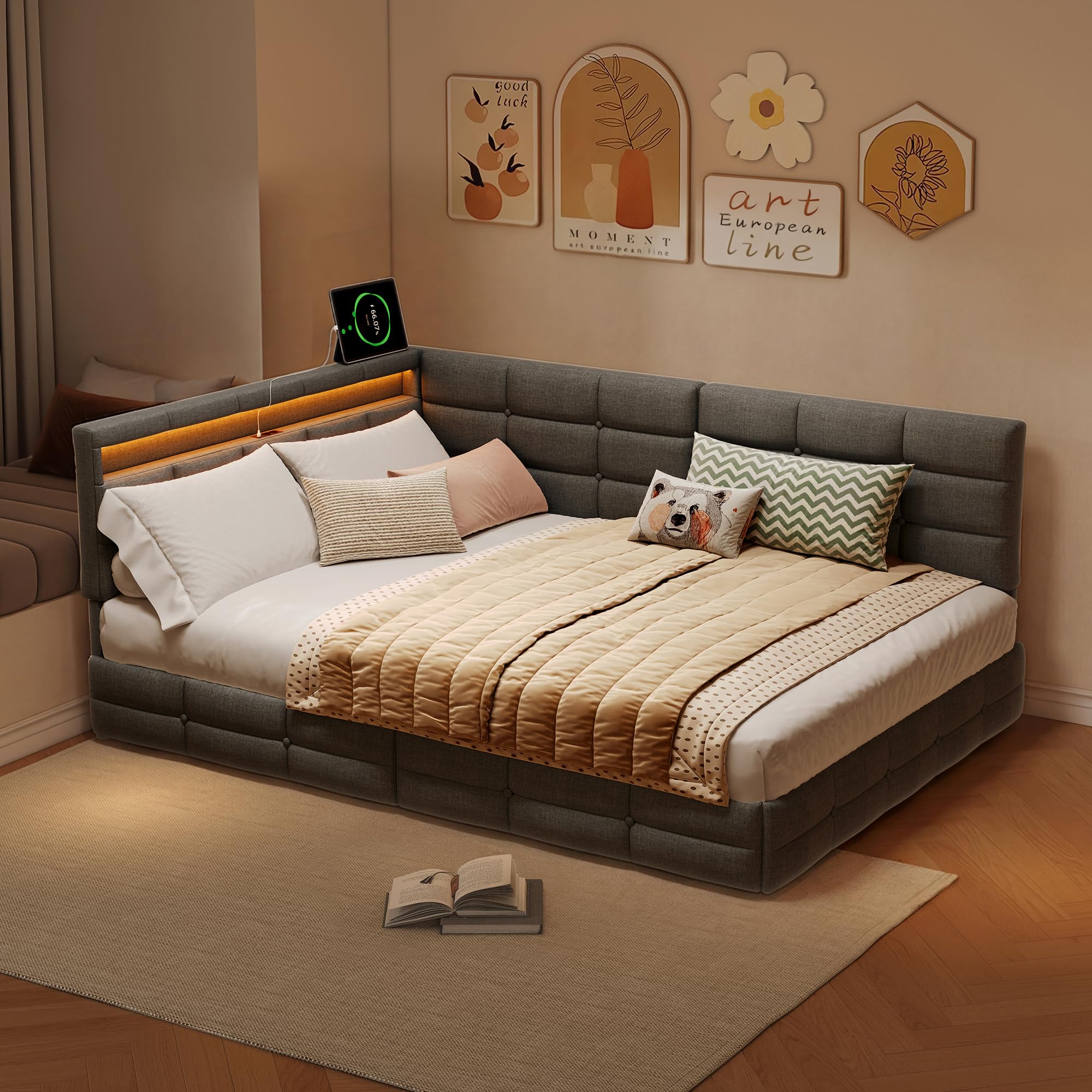Letto Matrimoniale 140x200 con Testiera a L, Letto Imbottito con Luci LED RGB, USB e Presa di Ricarica, 2 Cassetti Estraibili, Struttura, Letto per ragazzi, Lino, Grigio