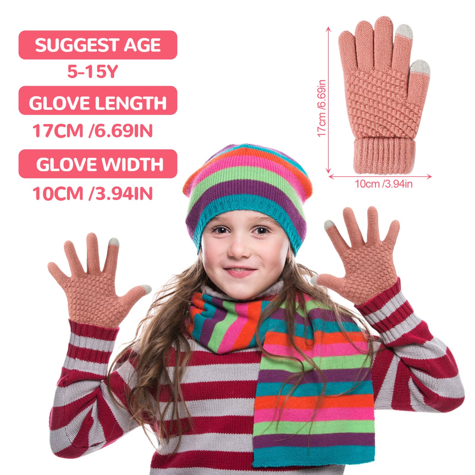 TAGVO Guantes de Punto para Niños Pequeños - 3 Pares de Invierno Con Dedos Completos para 5-15 Años - Elásticos Mitones