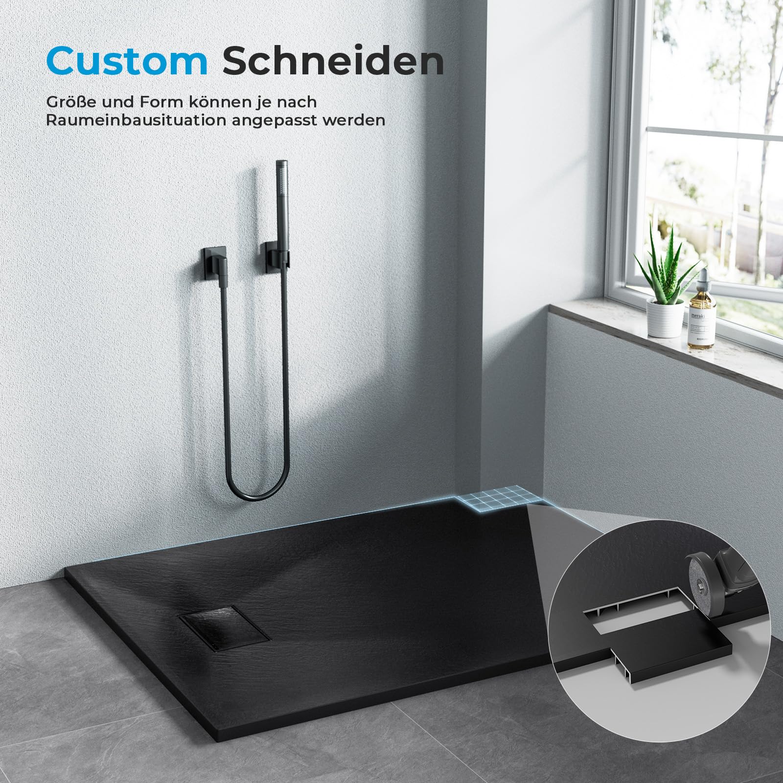 Heilmetz SMC Duschwanne 80 x 80 cm flache 2,6 cm, Steinoptik Schwarz