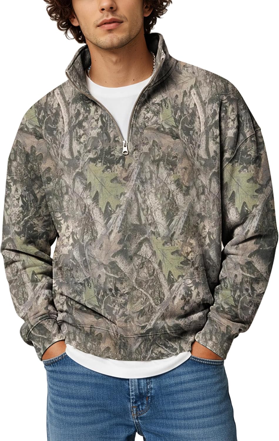 Burtell Mens Camo Quarter Zip Pullover Oversized Mock Neck Maple Leaf Graphic Fleece Sweatshirt Fall Long Sleeve Polo Shirts