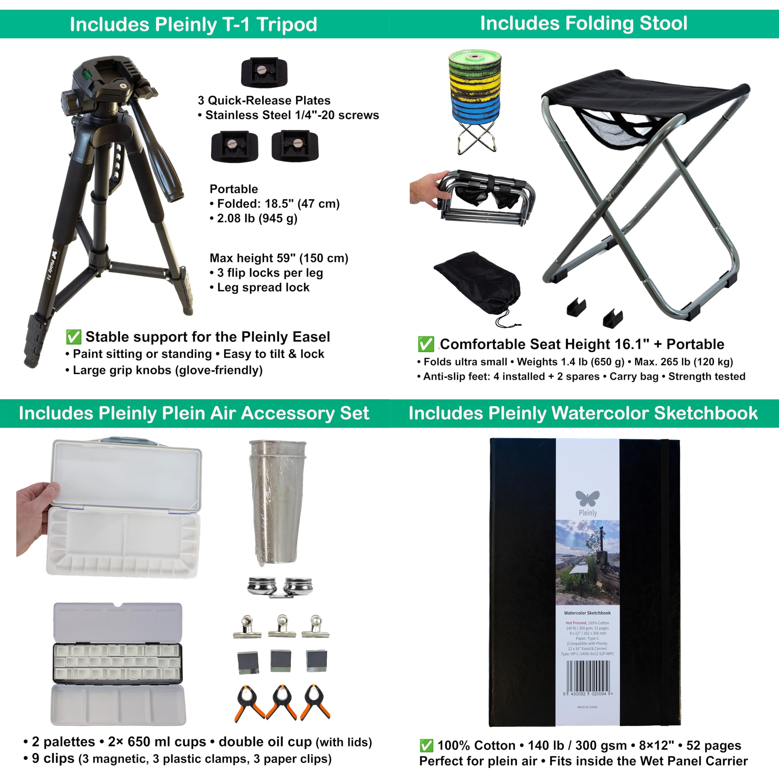 Plein Air - Cavalletto portatile ad acquerello, con zaino BP-70, supporto per pannello bagnato in legno, treppiede e sgabello pieghevole, album da disegno in 100% cotone, 2 tavolozze, tazze