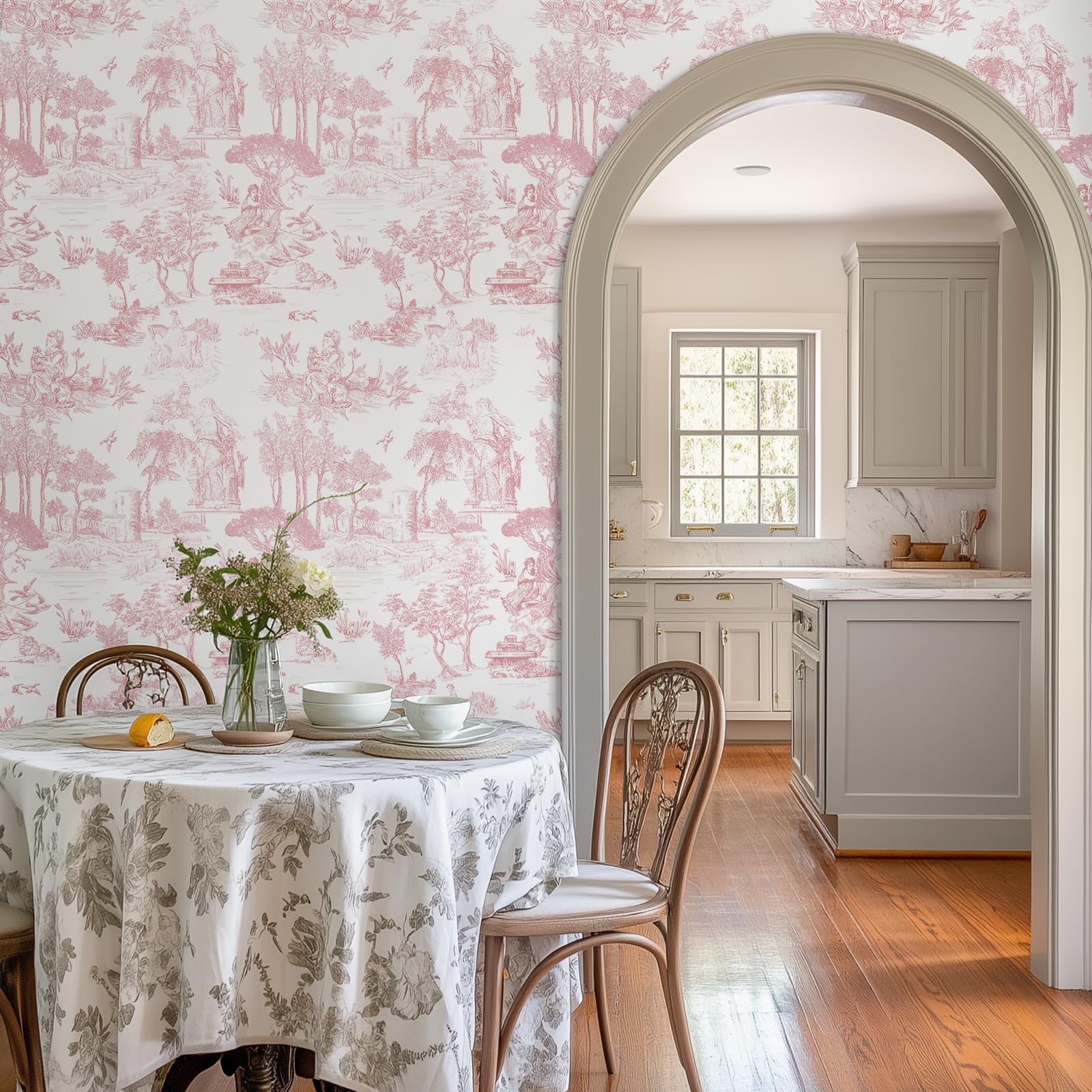 WENMER Toile Wallpaper, 17.7" X 590" Pink and White Peel and Stick Wall Paper, Toile de Jouy Wallpaper, French Vintage Contact Paper for Bedroom, Walls, Backdrop, Cabinet, Home Decor: 17.7" x 118" Pink