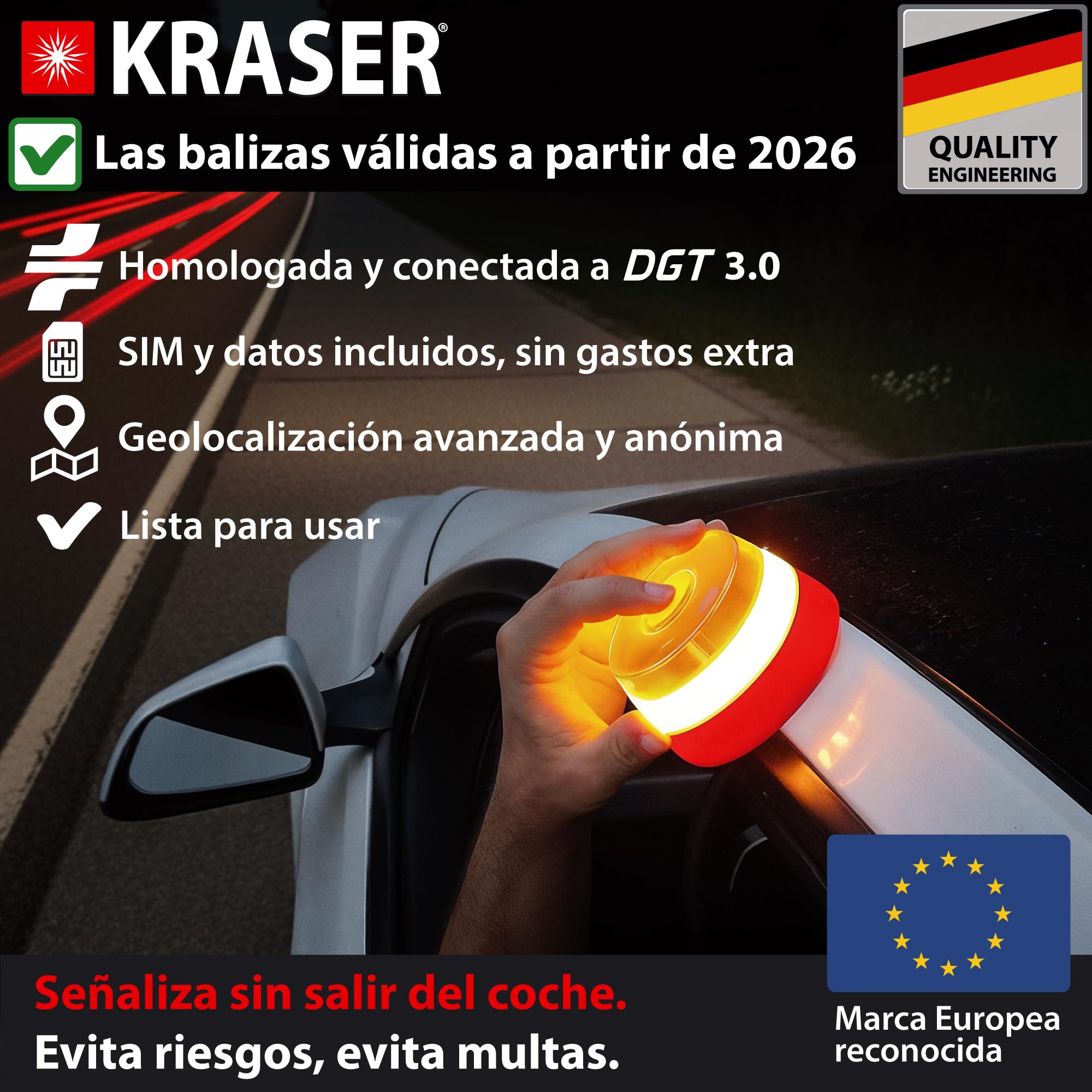 KRASER KRV16IOT Baliza V16 Homologada DGT más Visible y Segura, Geolocalizador Avanzado 3.0, Luz Emergencia Coche Obligatoria en 2026, SIM y Datos Incluidos Telefonica, Potente Base Magnetica LED 360º