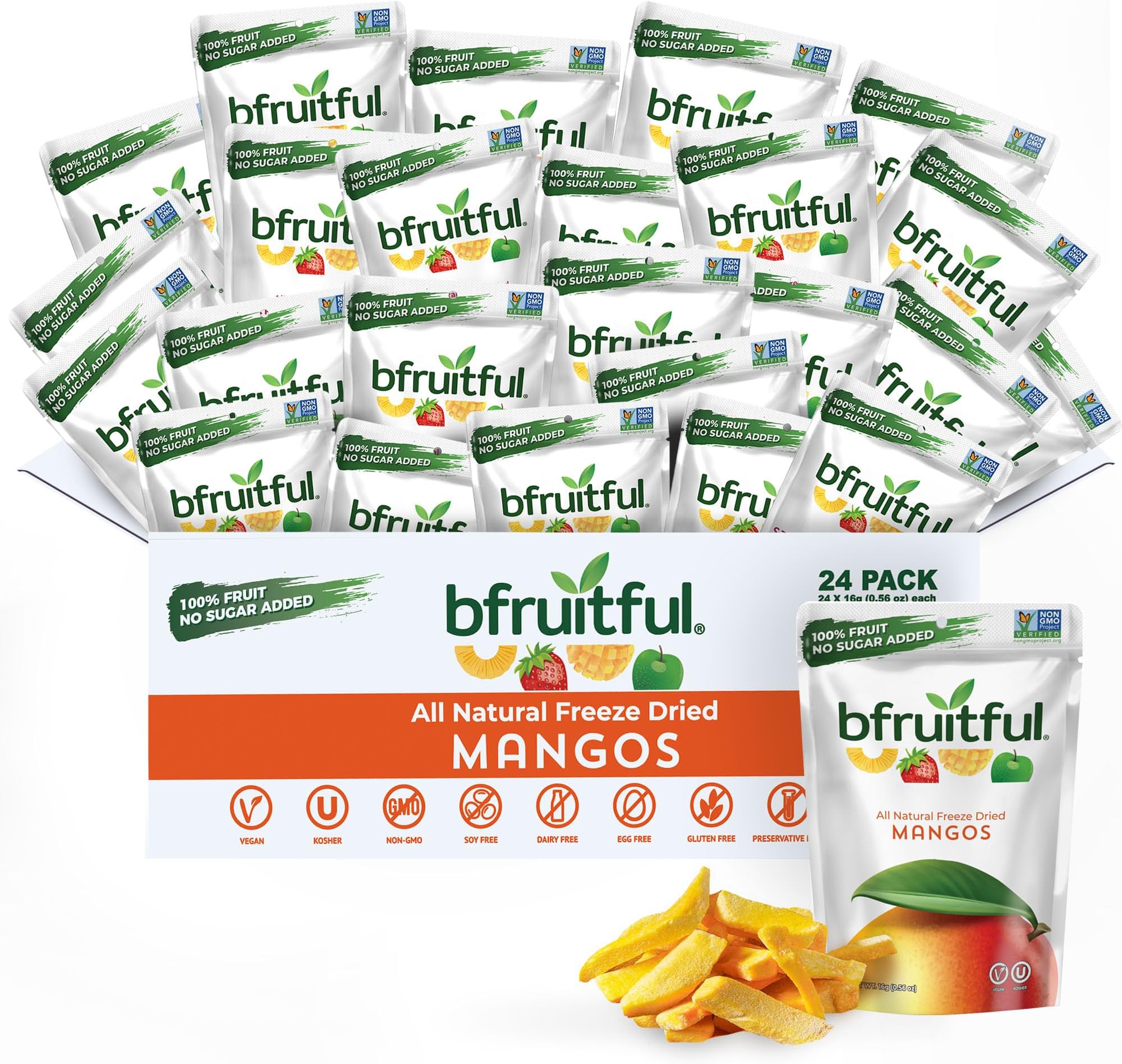bfruitful Freeze-Dried Mango, Freeze Dried Fresh Fruit Bites, Gluten Free, Vegan, Dairy Free, Kosher, No Sugar Added, Non GMO, Healthy Snacks for Kids or Adults, 0.56 oz Single-Serve Snack Packets, 24 Pack