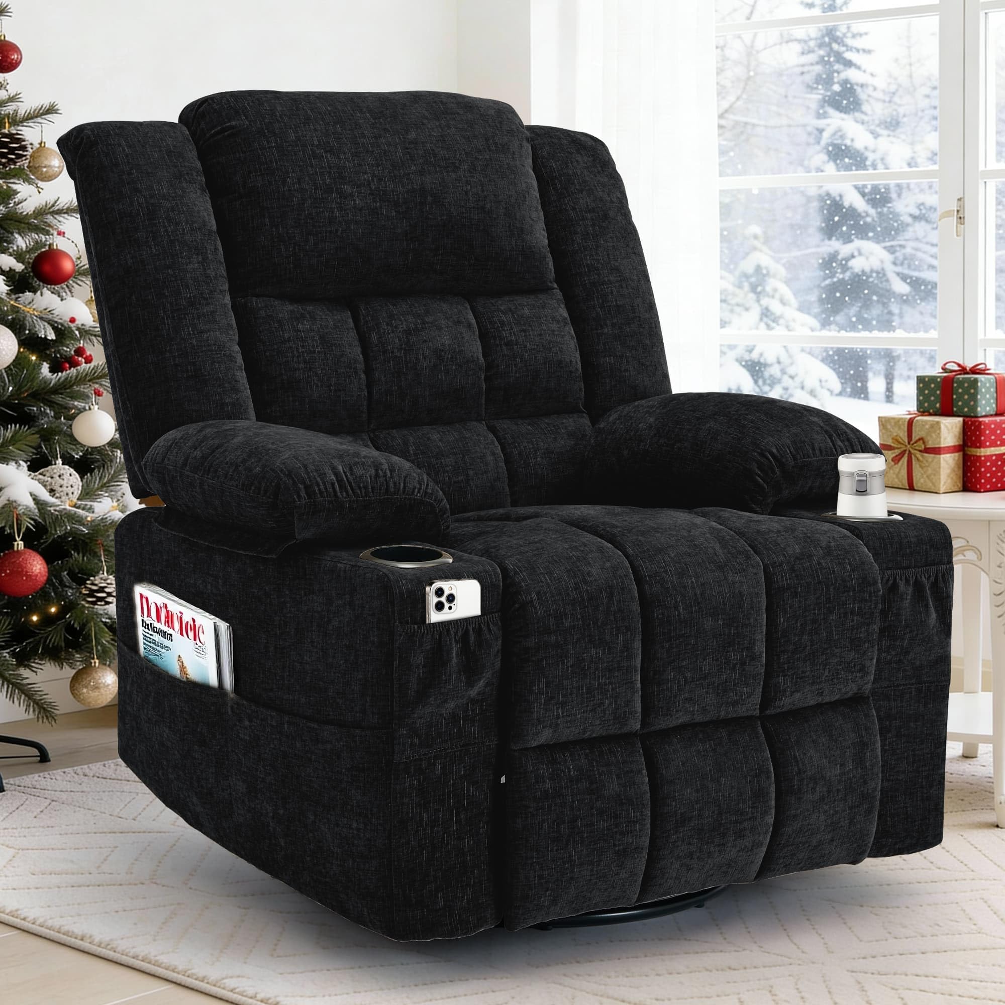 360° Rotating Adult Rocking Recliner, Baby Room Glider with Massage and Heating Functions, Rocking Chair with Cup Holder, Manual Recliner for Living and Bedroom (Fabric, Black)