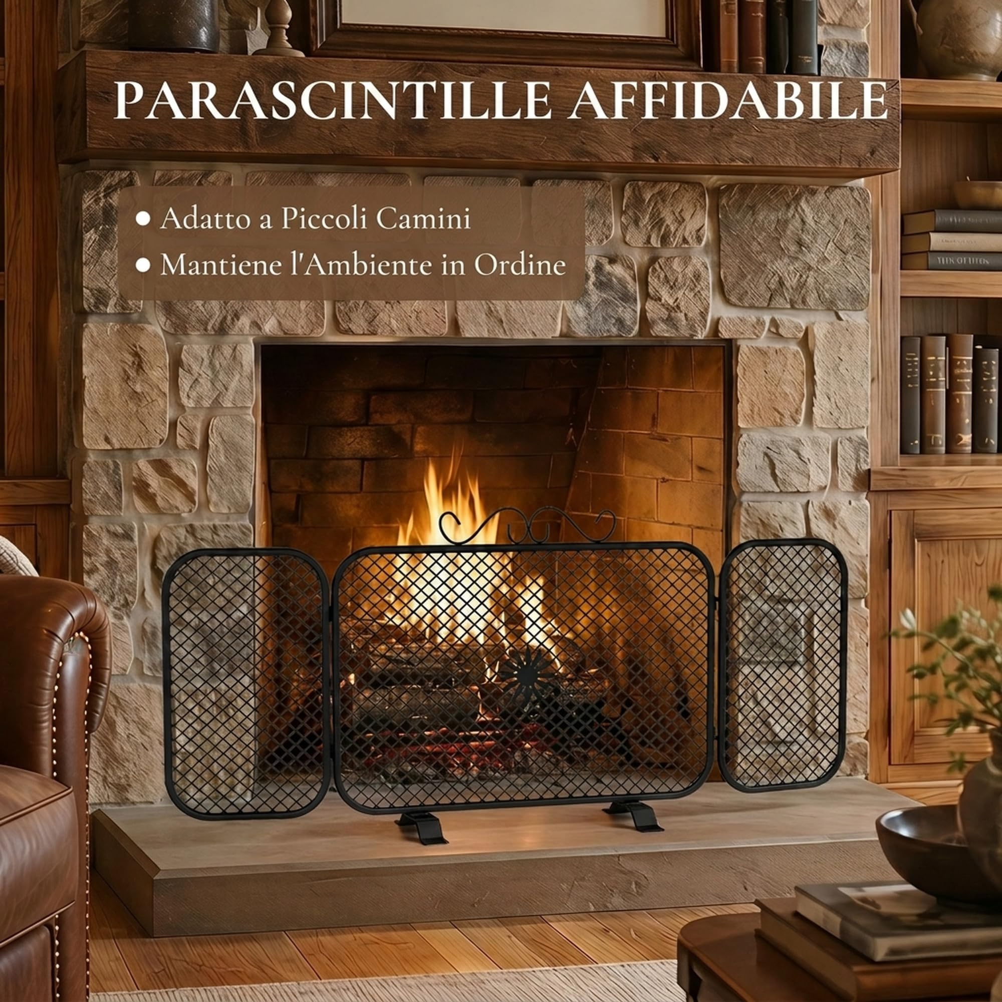 HOMCOM Parascintille Camino Pieghevole a 3 Pannelli, 90x16x40 cm, Nero