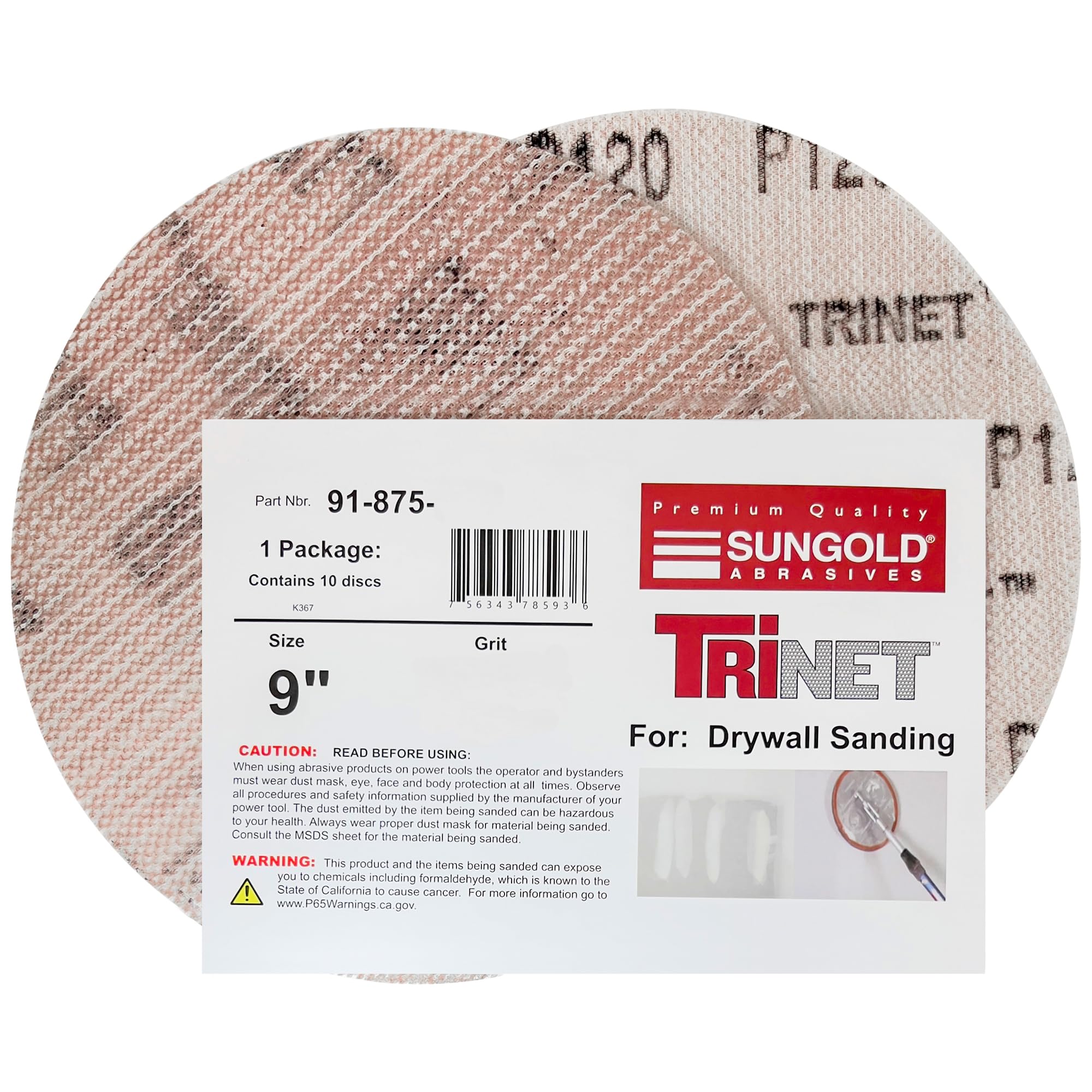 Sungold Abrasives 91-875-901 Trinet Mesh - Discos de lijado de óxido de aluminio estearado con gancho y bucle para lijadoras de paneles de yeso, paquete de 21, 9 pulgadas