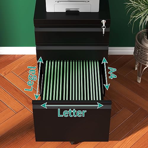 Miniatura 6 de Archivador móvil de 3 cajones, archivador rodante totalmente montado debajo del escritorio, archivador de metal con cerradura para organizador de