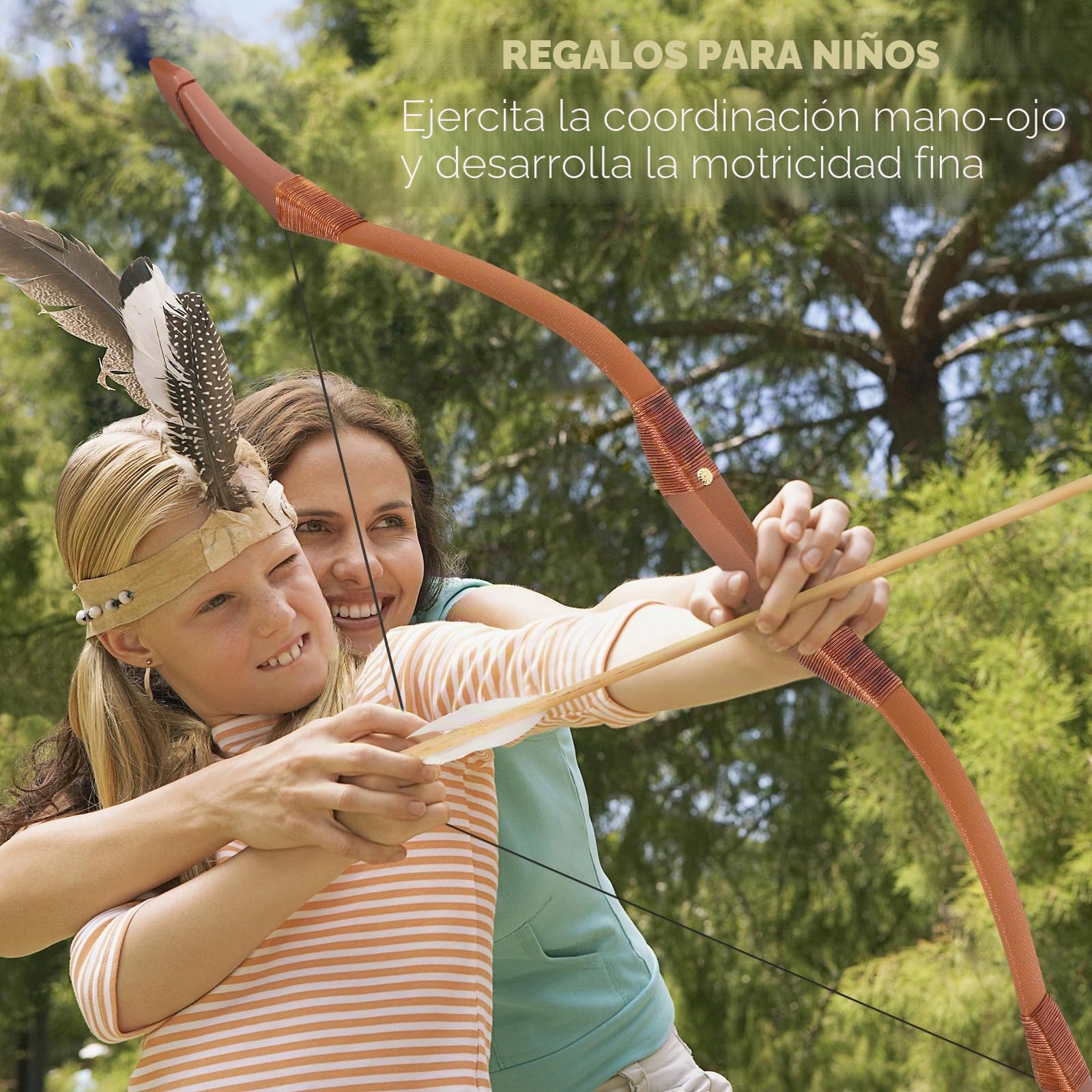 Basbon Juego de arco y flecha de madera juvenil, juego de tiro con arco de 40 pulgadas envuelto en cuero de microfibra, juguetes hechos a mano con arco y flecha, juegos de utilería, 5 flechas de