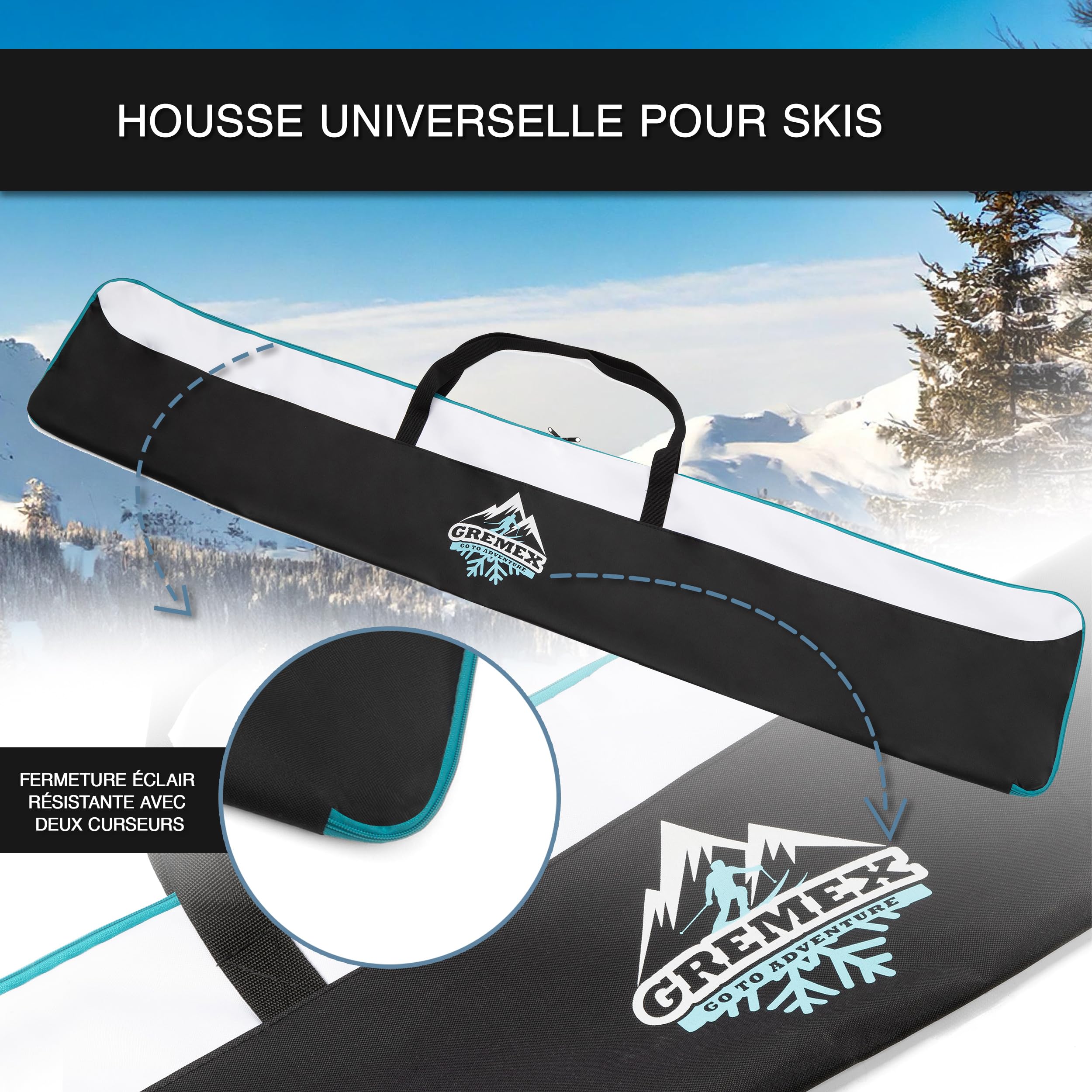 Sac de Ski - Housse de Ski pour 1 Paire de Skis - Sac de Ski imperméable - Sac de Ski léger et Robuste - Housse de Ski Ergonomique - Housse de Ski Alpin - Sac de Ski Compact Alpin