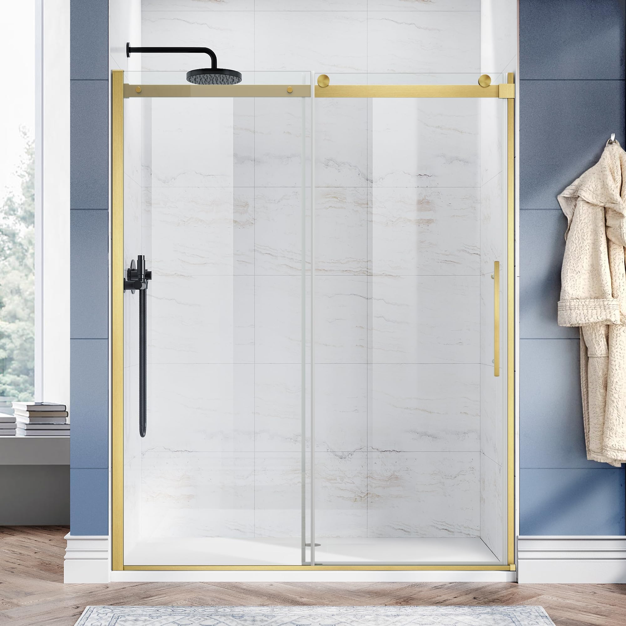 Bathroom Shower Glass Door 58"-59" W*76" H, Frameless Double Sliding Shower Doors with 5/16"(8mm ...