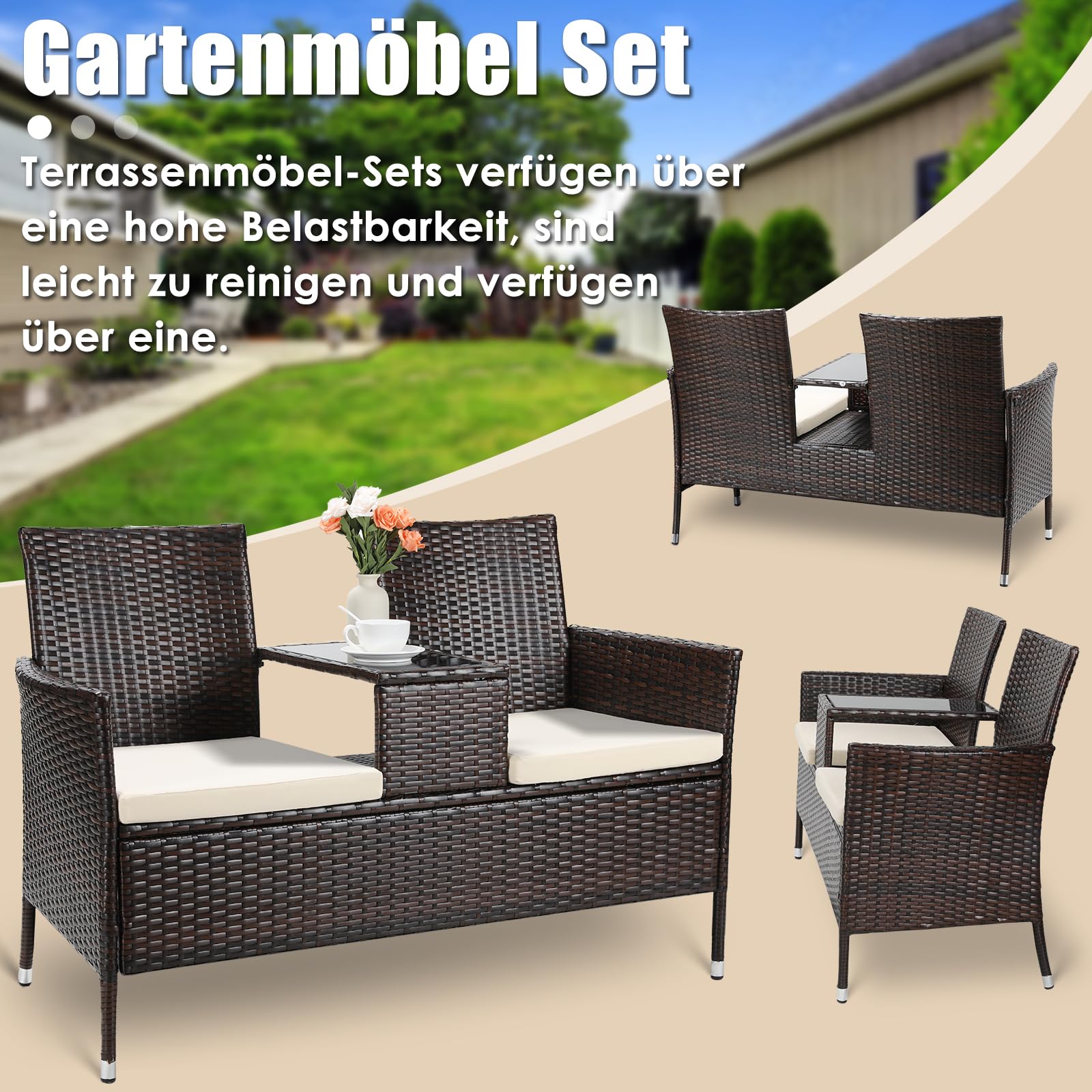 TLSUNNY Wetterfest Polyrattan Gartenbank, 2-Sitzer Gartenmöbel Set mit Integriertem Tisch, 2PCS Sitzkissen, Rattan Balkonmöbel, Bequem und Atmungsaktiv, 120X54X83cm, Groß Balkonmöbel Set, Braun