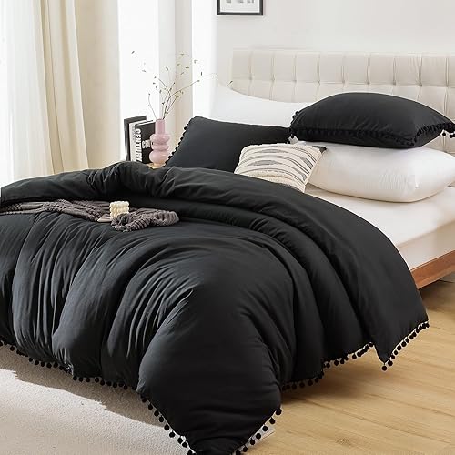 Miniatura 2 de Smoofy Juego de edredón de tamaño matrimonial con flecos y pompones, color negro, bohemio, elegante, bonito juego de ropa de cama Cali, suave,