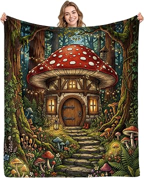 Mushroom House Throw Blanket, 50x60 inches, Fairy Garden Soft Fleece Blanket, Enchanted Forest Fantasy Home Decor, Whimsical Mushroom Decor for Couch Bed, Gift for Women Girls50X60 Inch