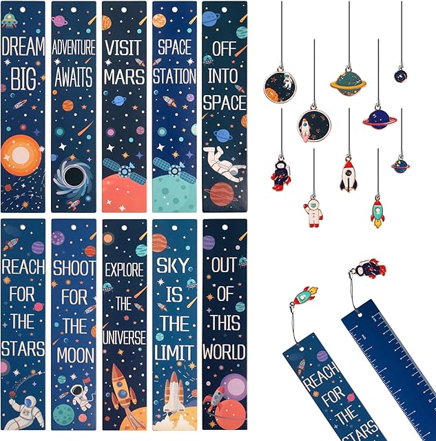 Book Marks Kid - Vaktop 10PCS Space Theme Bookmark with Metal Charms, Rectangle Shape Kids Bookmarks - for Boys and Girls, Party Favors School Classroom Reading Presents