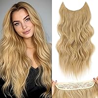 Vista 21 de Extensiones de cabello tipo aureola de 20 pulgadas, alambre invisible, ajustable, cabello largo ondulado, mejora sintética, 4 clips de seguridad